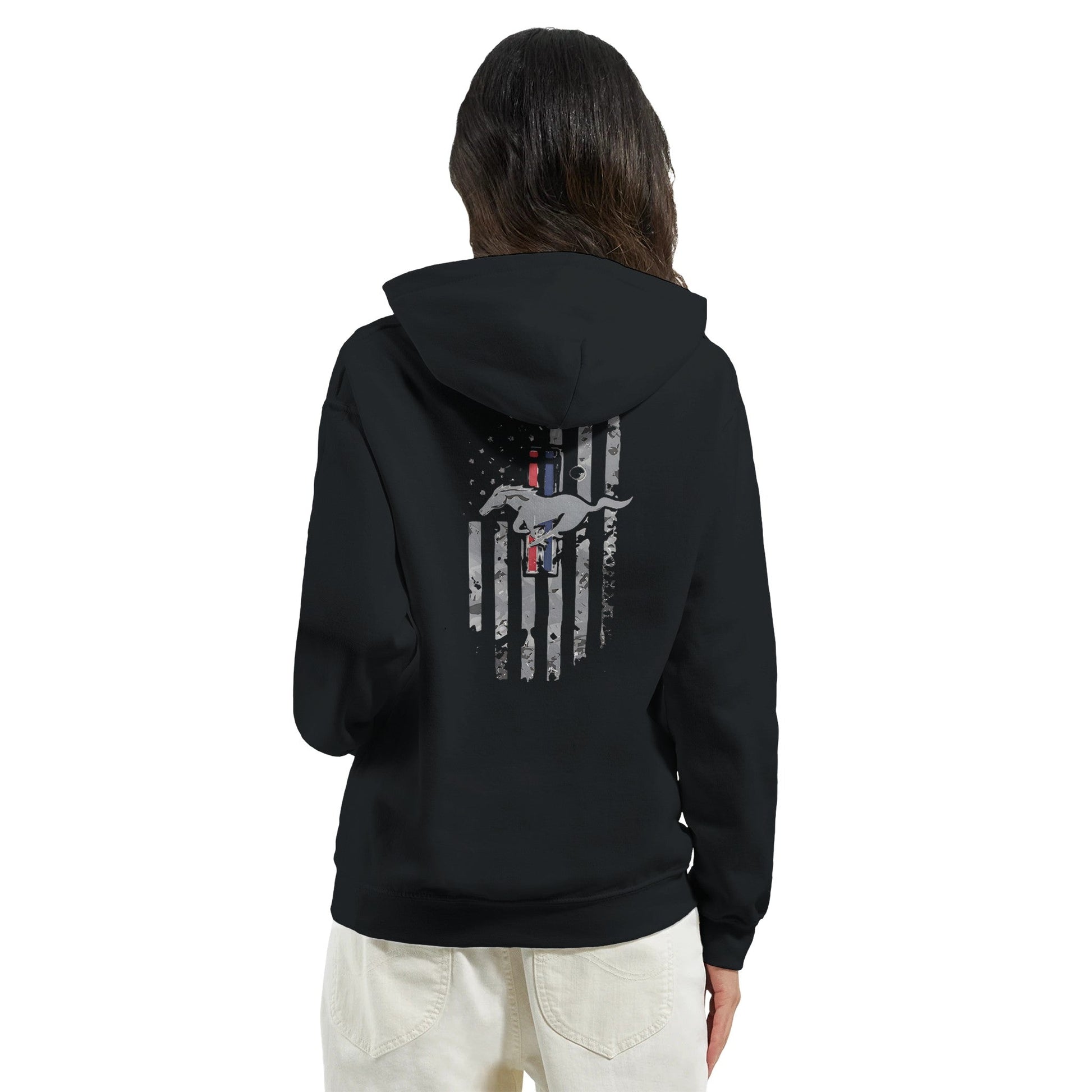 Stylish black unisex hoodie for car enthusiasts with Mustang and American flag design on back