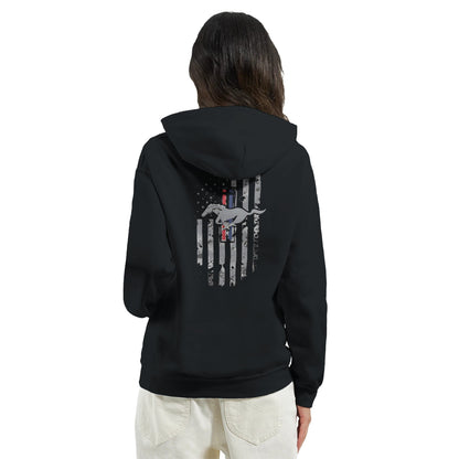 Stylish black unisex hoodie for car enthusiasts with Mustang and American flag design on back