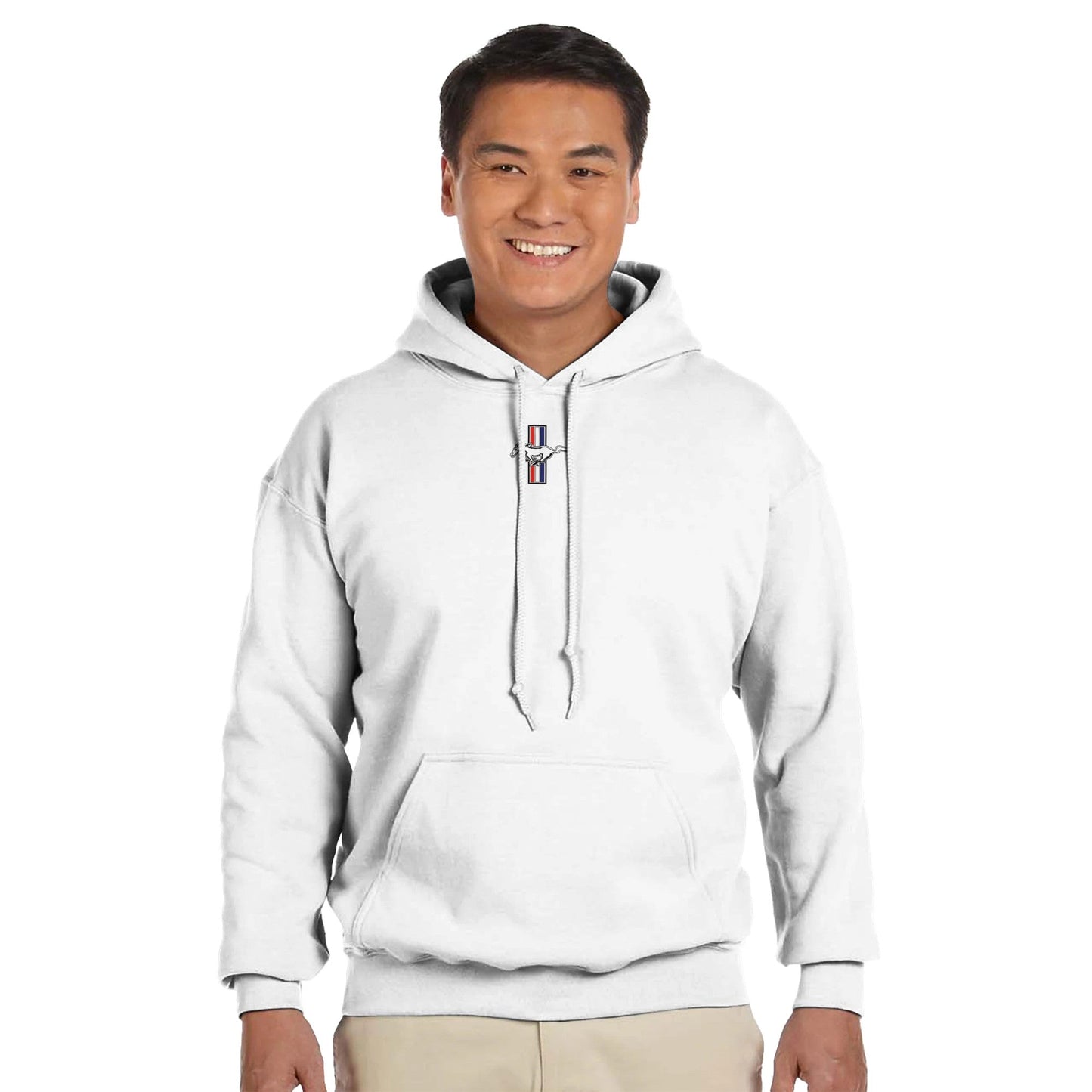 weißer ford mustang fan hoodie mit kapuze und kängurutasche aus weichem baumwoll-polyester-mischgewebe, gemütliches sweatshirt für auto-liebhaber