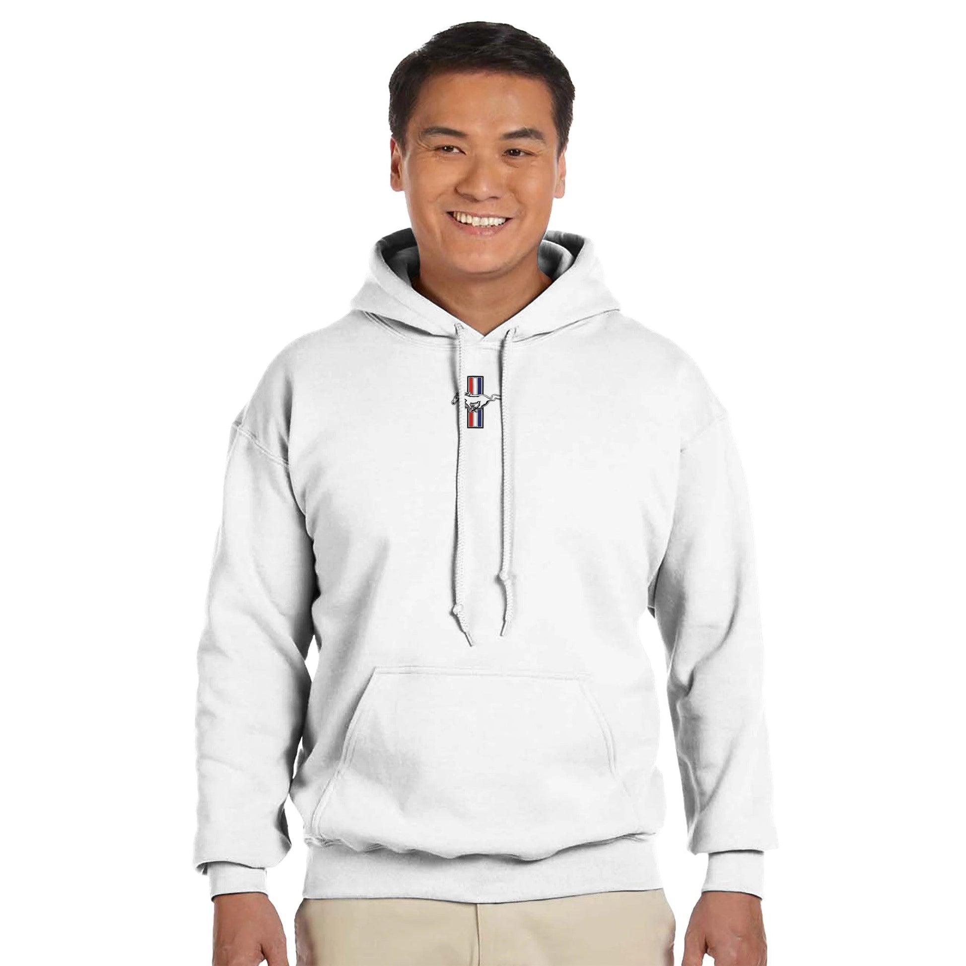 weißer Ford Mustang Fan Hoodie mit Kapuze und Kängurutasche aus weichem Baumwoll-Polyester-Mischgewebe, gemütliches Sweatshirt für Auto-Liebhaber