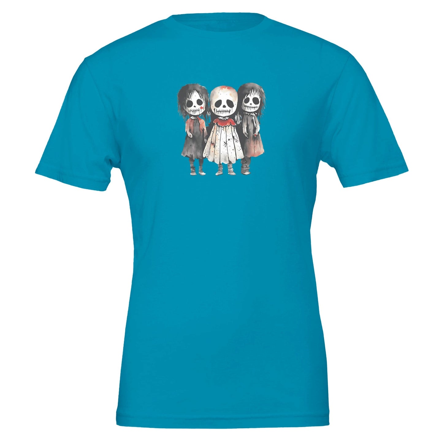 blue horror child t-shirt with three spooky cartoon skeleton girls illustration, soft eco-friendly cotton blend