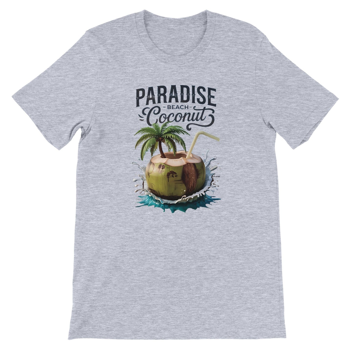graues sommer t-shirt mit kokosnuss und strand-motiv, atmungsaktiv und bequem