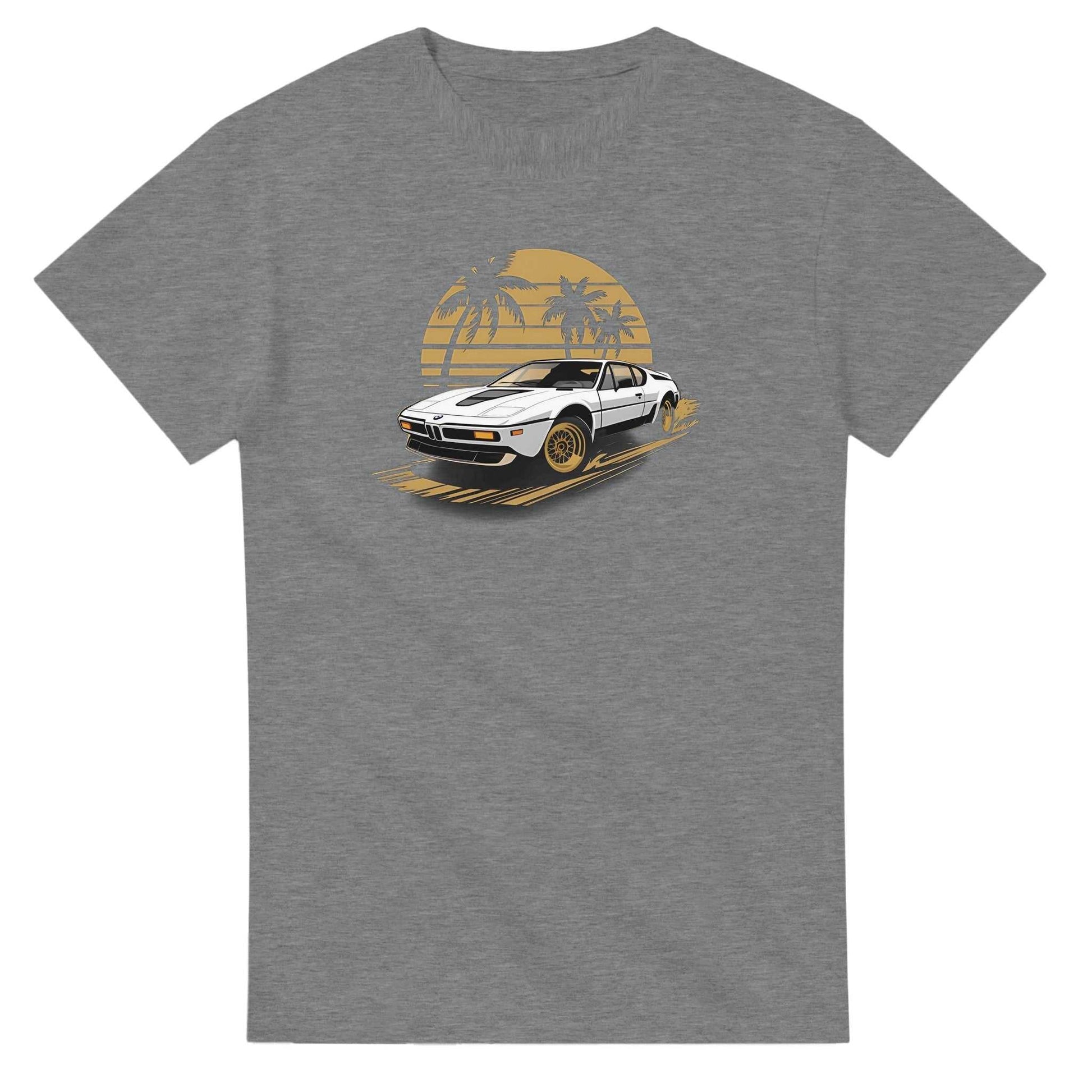 Premium unisex summer car t-shirt with vintage car and palm tree design on grey heavyweight cotton fabric