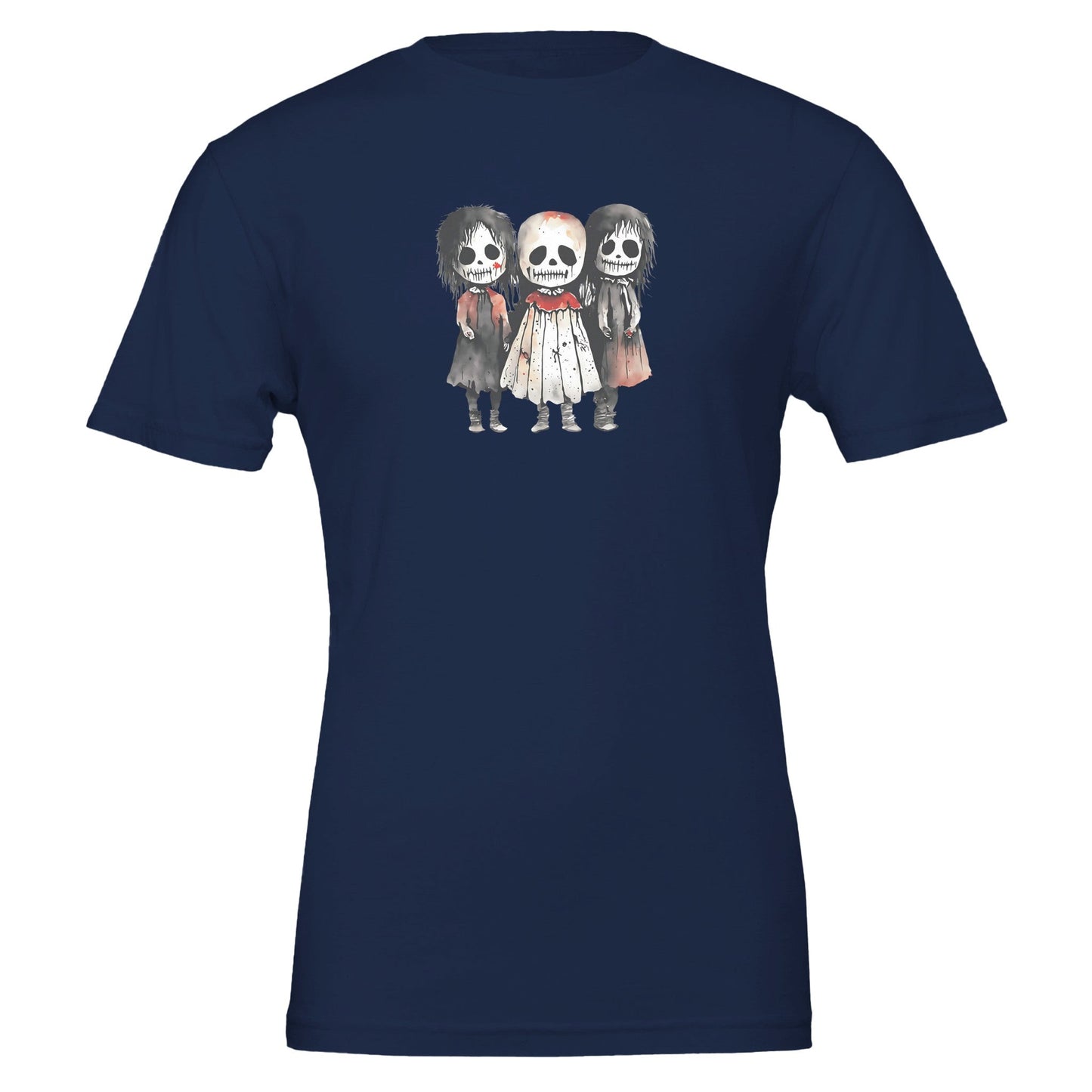 navy blue horror child t-shirt with playful spooky skeleton kids design, soft eco-friendly cotton.