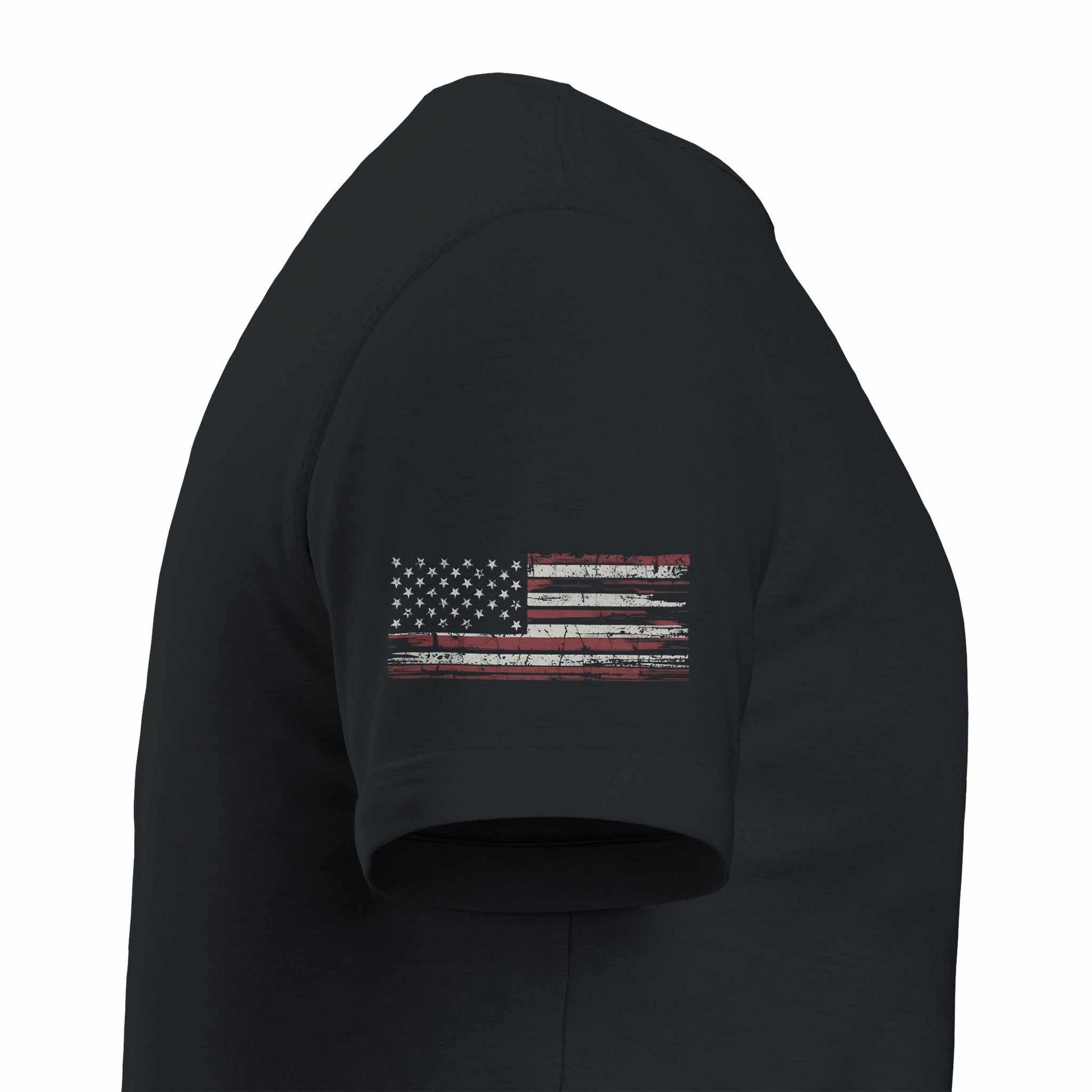 Black Grunt Style American Feeling Unisex T-Shirt with distressed American flag on sleeve, soft cotton blend, unisex fit for comfort and DTG printing.