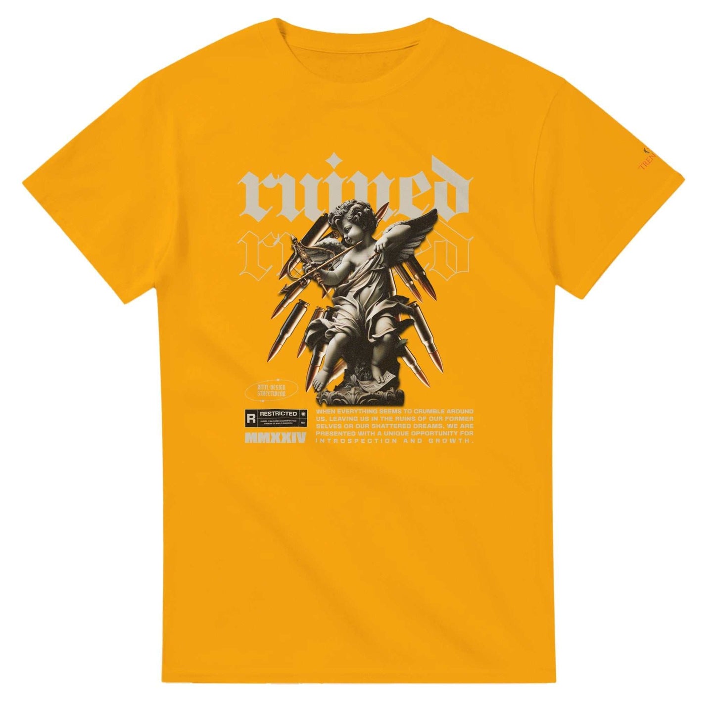 yellow ruined streetwear unisex crewneck t-shirt with angel graphic and bold text design, 100% cotton, classic fit.