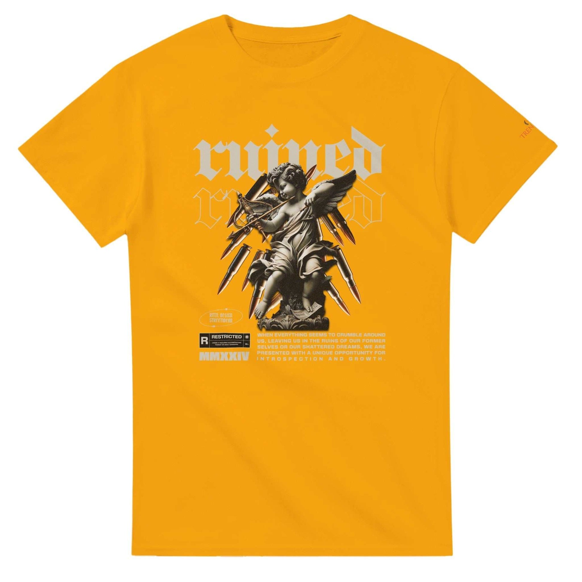 Yellow Ruined Streetwear Unisex Crewneck T-shirt with angel graphic and bold text design, 100% cotton, classic fit.