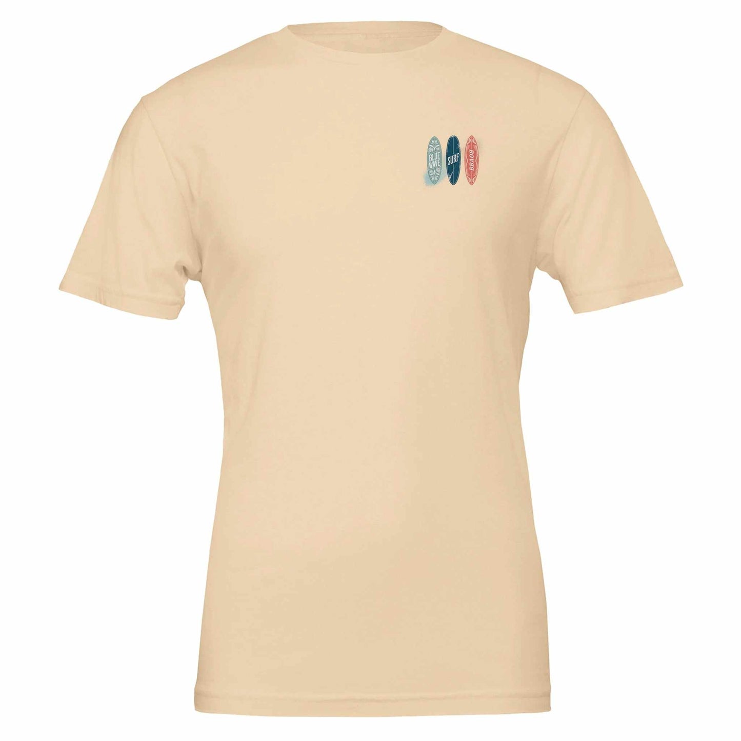 beiges premium surfer t-shirt aus weicher airlume-baumwolle mit kleinem surfbrett-print vorne, körperbetonte unisex-passform ideal für sommer und strandpartys