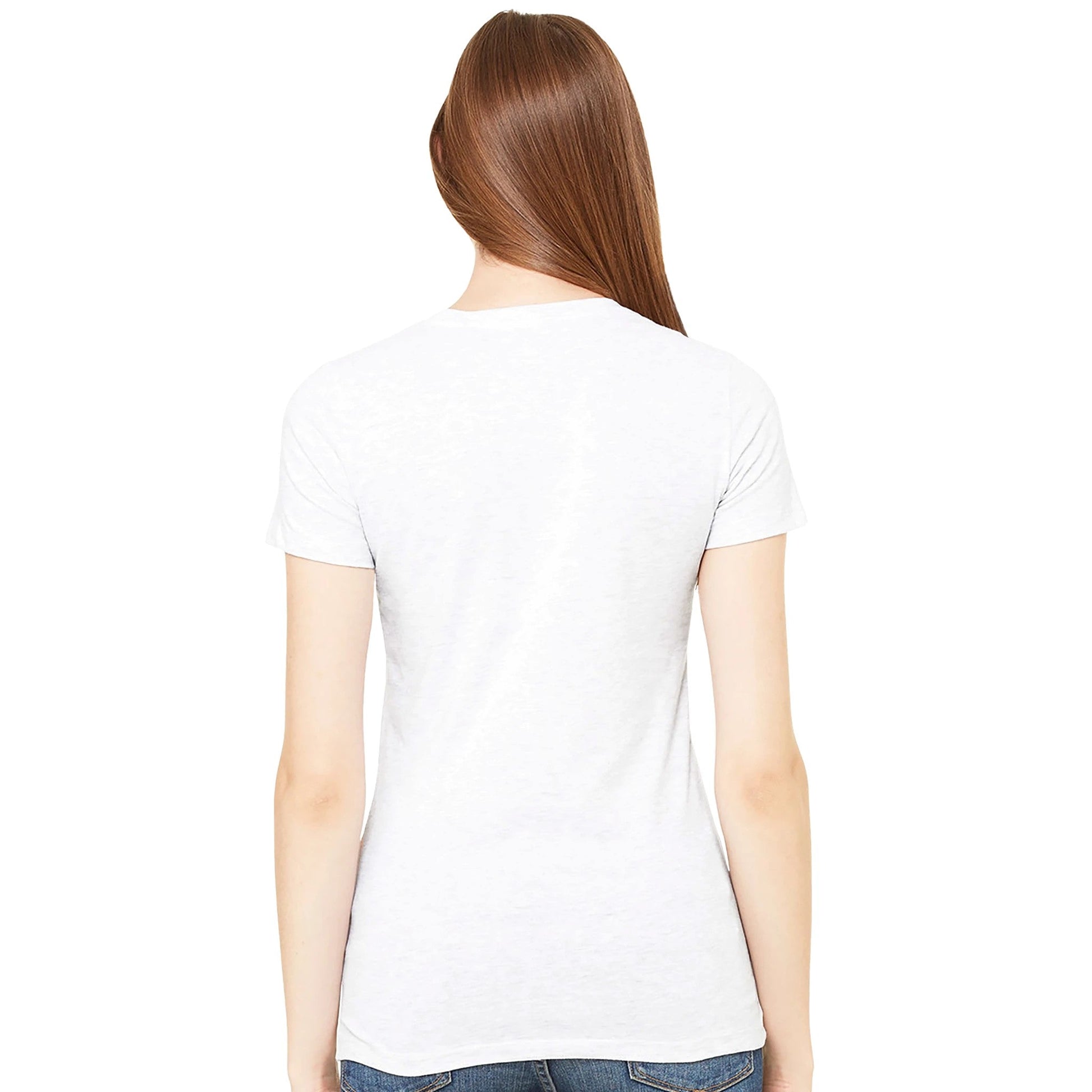 Rückansicht eines weißen Blütenzauber Premium T-Shirts aus Baumwolle mit kurzem Ärmel an einer Frau