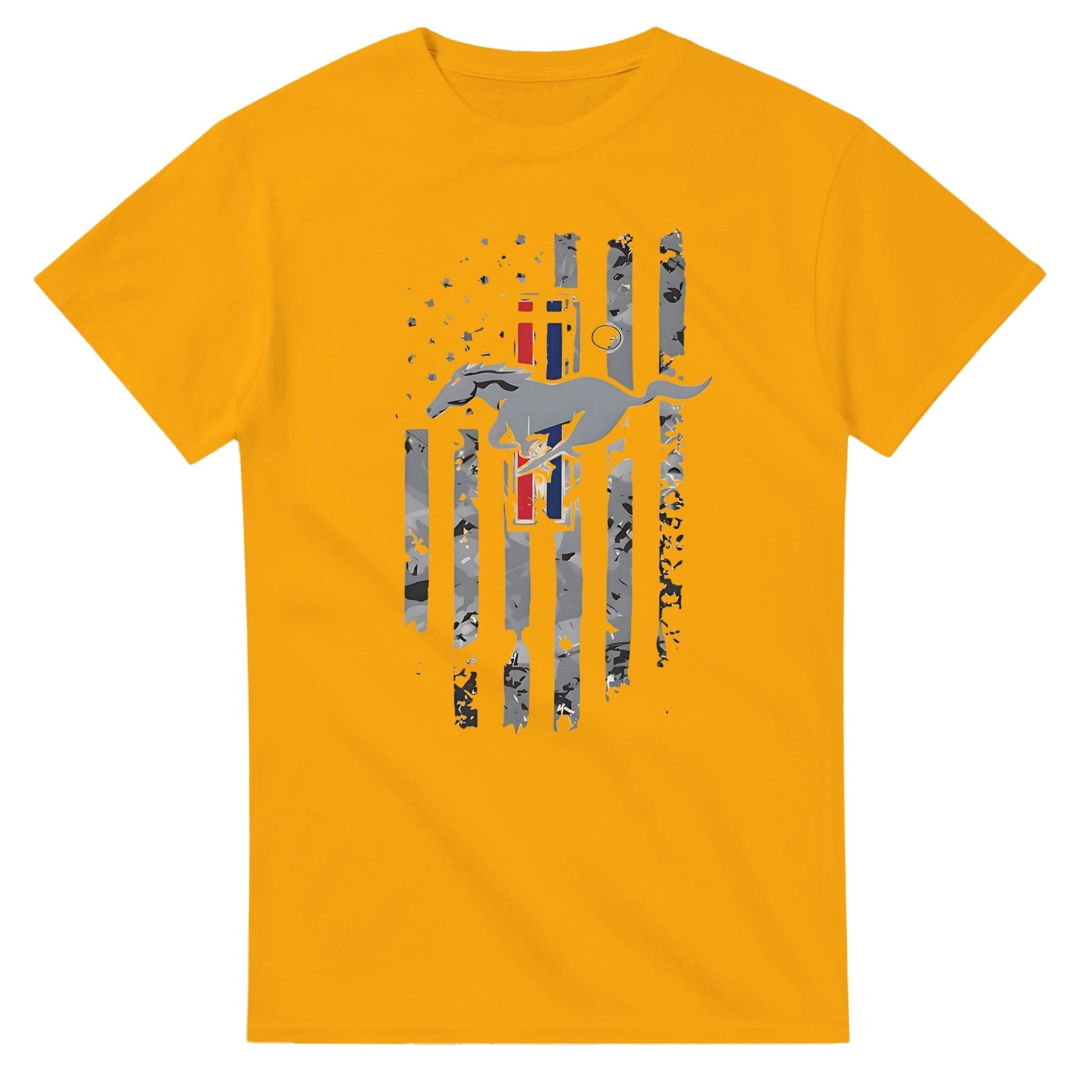 Yellow unisex heavyweight cotton Horse American T-Shirt with distressed American flag and horse graphic design