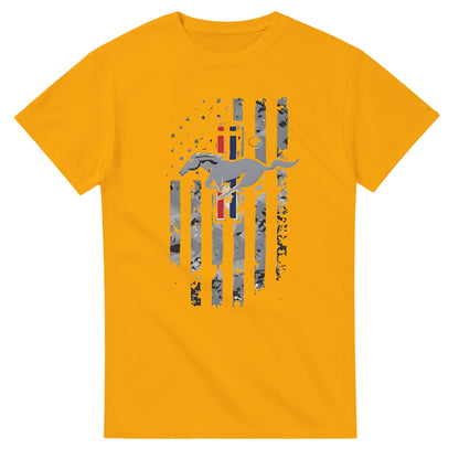 Unisex Horse American T-Shirt aus 100% Baumwolle mit amerikanischer Flaggen-Grafik auf Senfgelb
