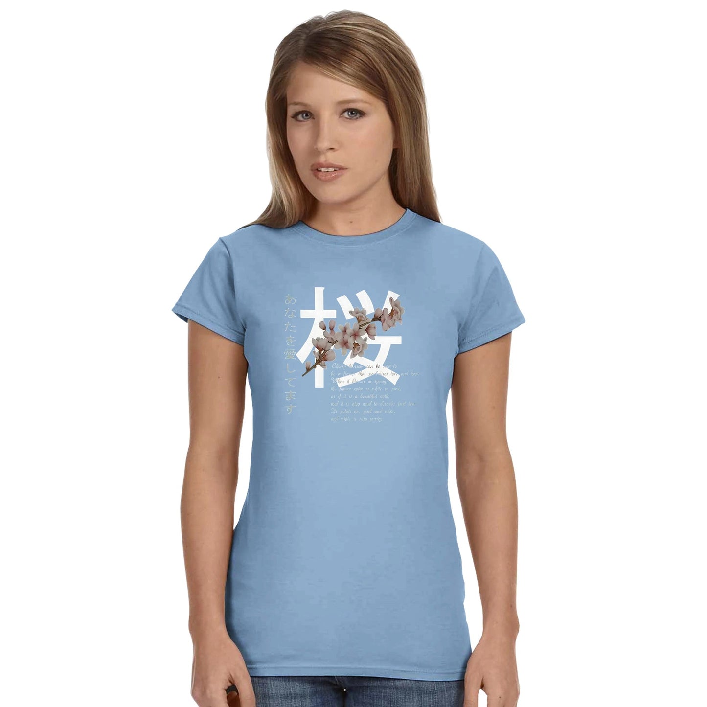 damen t-shirt kirschblüten träume in hellblau mit floralem print und rundem ausschnitt