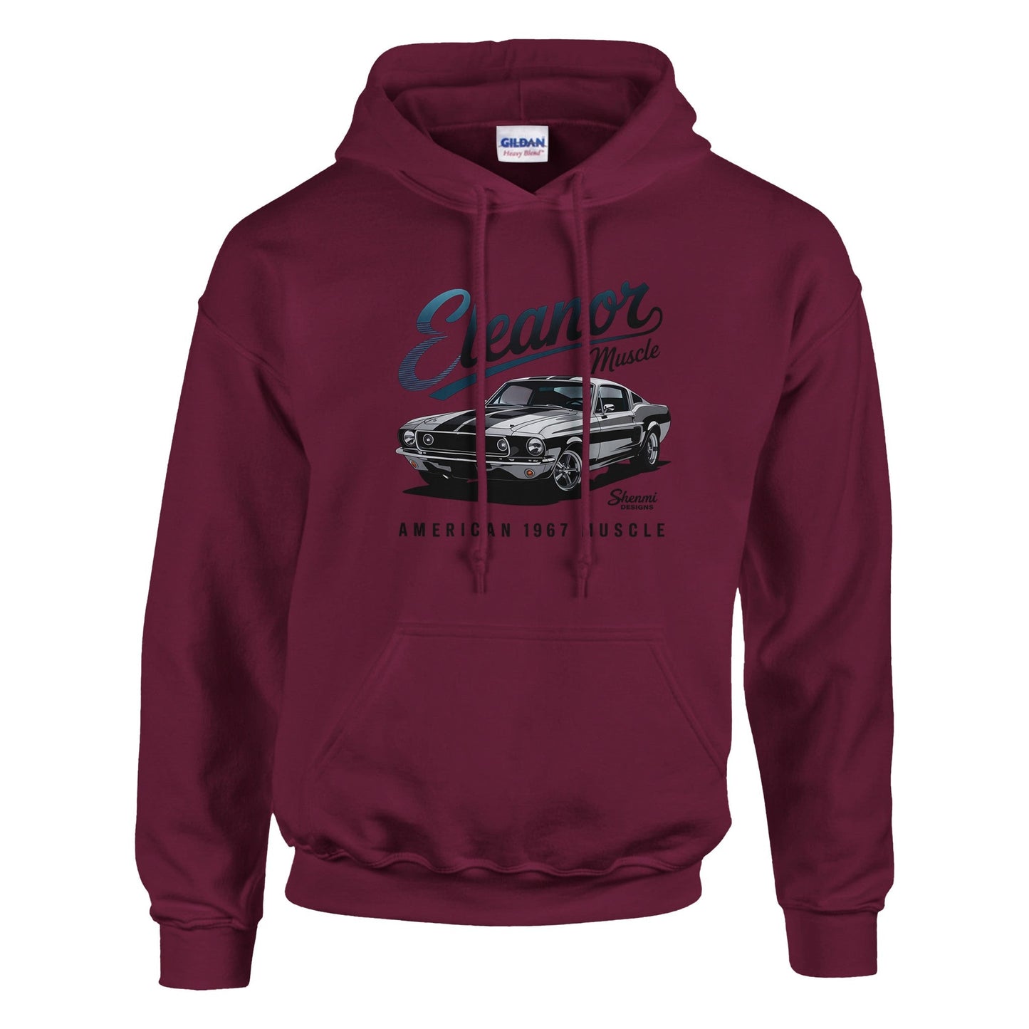 burgundy eleanor hoodie featuring a classic 1967 muscle car graphic, unisex design with front pouch pocket and adjustable hood.