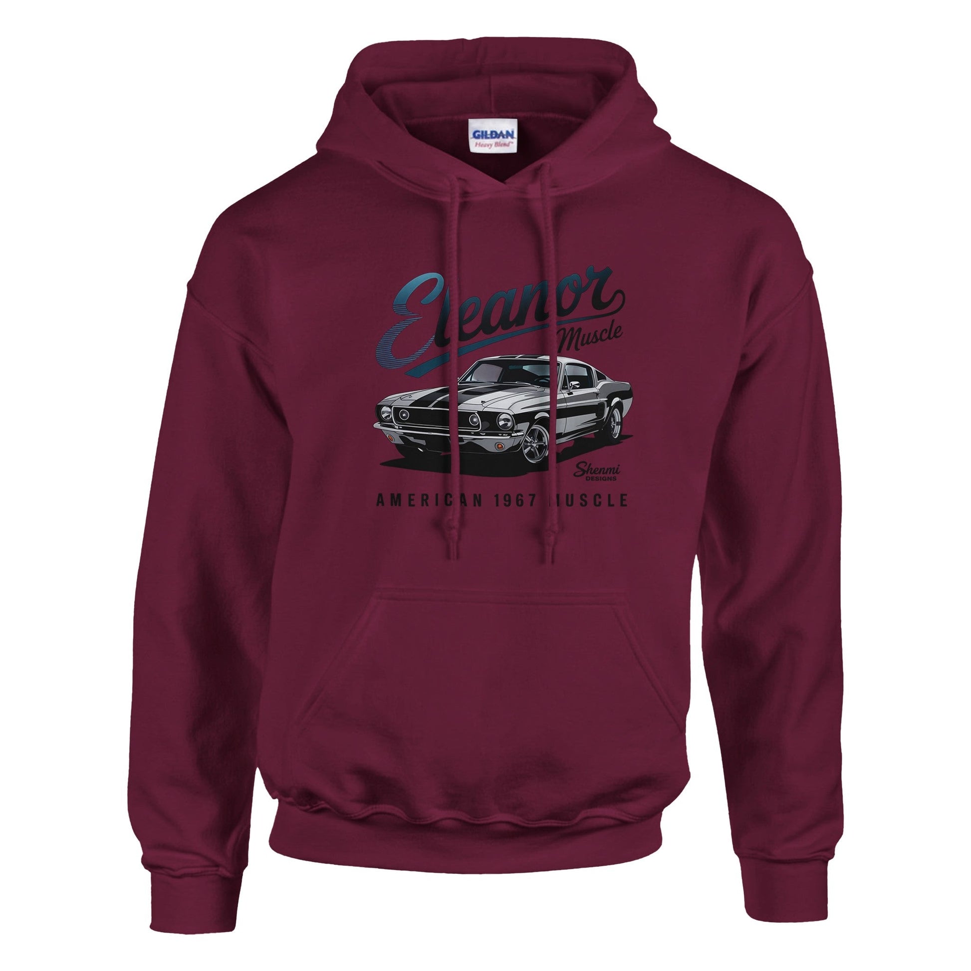 Burgundy Eleanor Hoodie featuring a classic 1967 muscle car graphic, unisex design with front pouch pocket and adjustable hood.