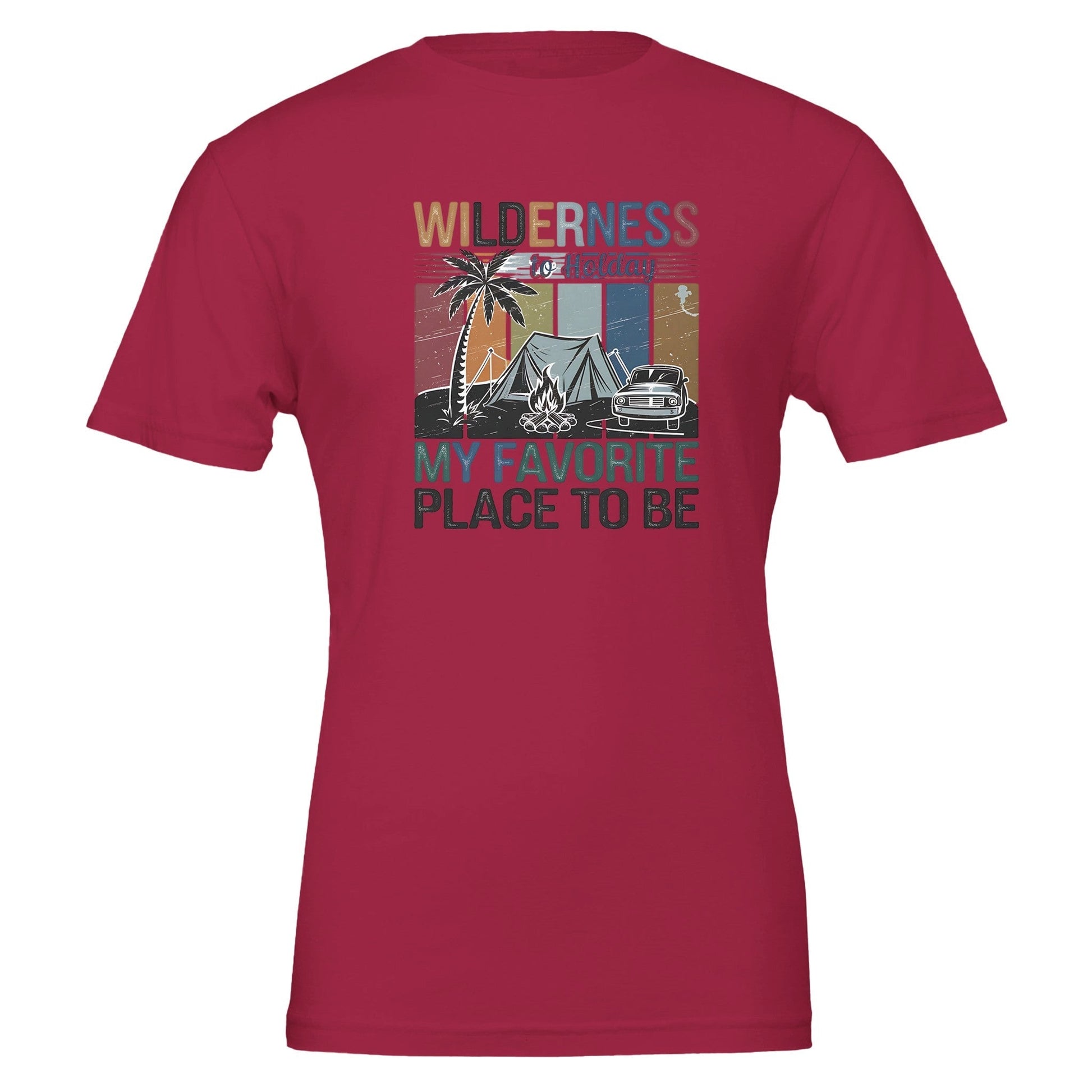 Red Premium Wilderness T-shirt with camping graphic and "My Favorite Place to Be" text, unisex fit, eco-friendly soft cotton