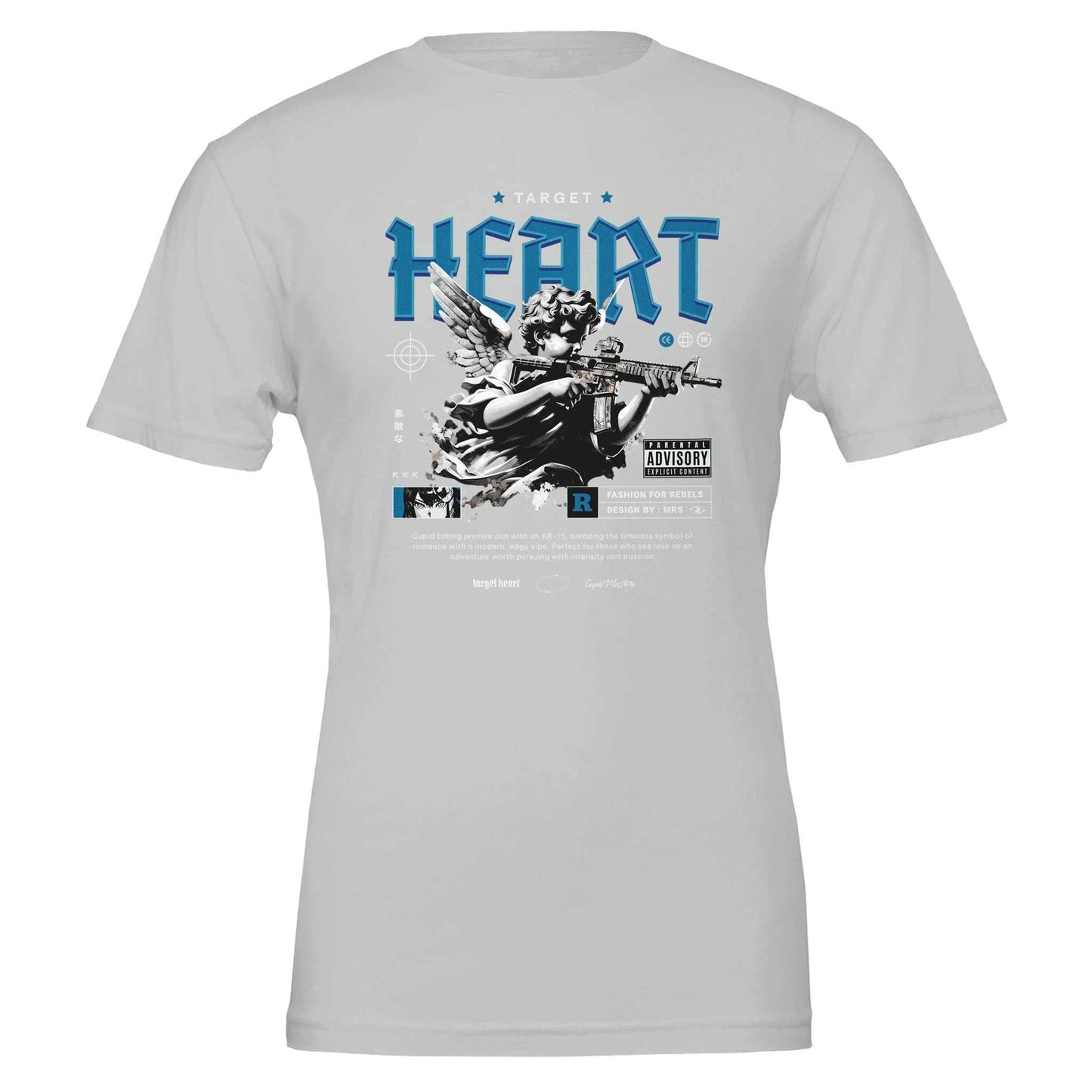 heart unisex crewneck t-shirt in light grey with blue graphic print, soft 100% cotton, tailored fit for comfort and dtg printing.