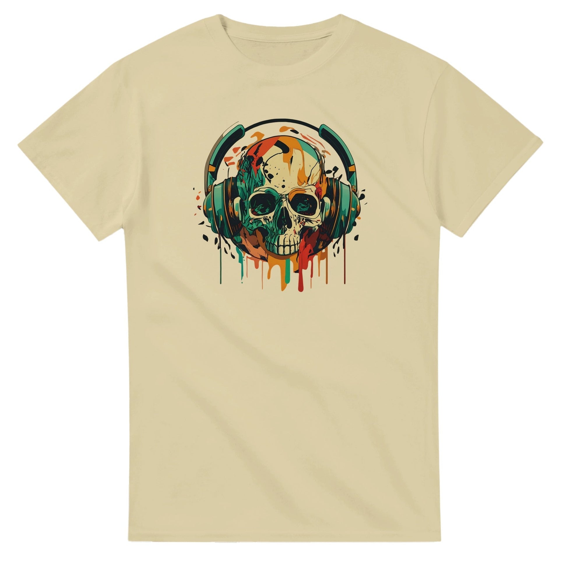 Party Sommer Musik T-Shirt aus 100% Baumwolle mit farbigem Totenkopf und Kopfhörer Design