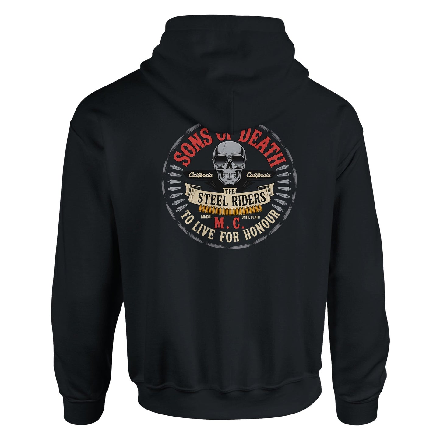 men's black rocker biker hoodie with skull and "sons of death" graphic on back, heavy cotton-polyester blend, double-lined hood.