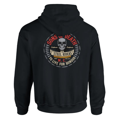 Men's black rocker biker hoodie with skull and "Sons of Death" graphic on back, heavy cotton-polyester blend, double-lined hood.