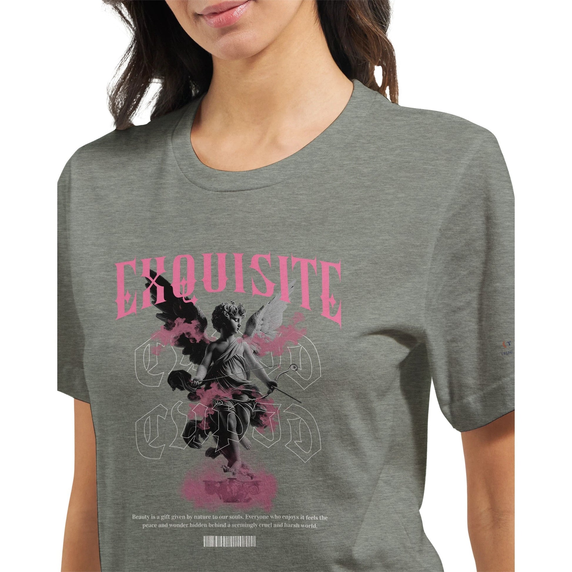 Unisex crewneck t-shirt in grey with pink and black graphic print, soft 100% cotton, tailored fit ideal for DTG printing and comfort