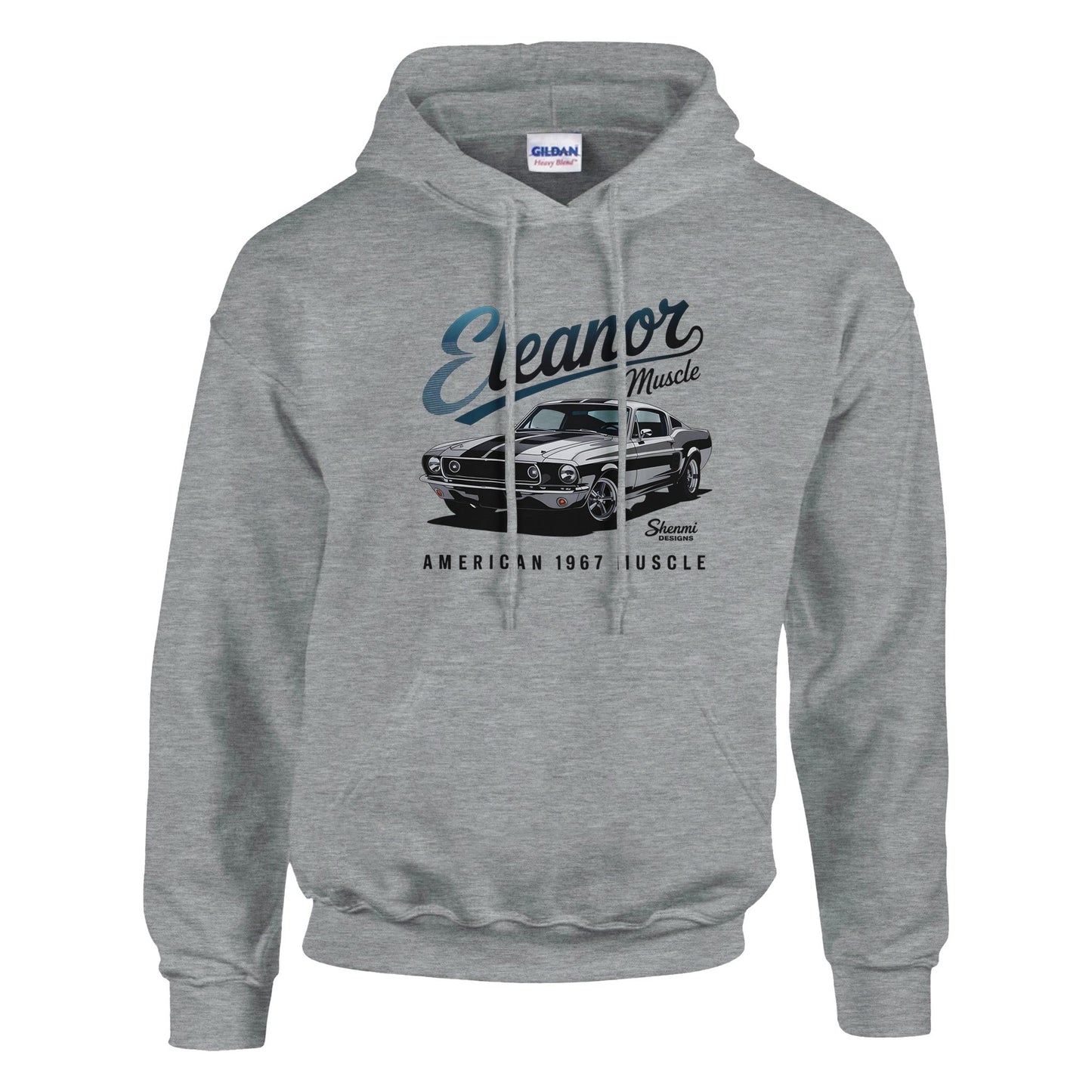 gray eleanor hoodie with vintage american 1967 muscle car graphic for men and women, comfortable cotton-polyester blend with front pouch pocket and adjustable hood.