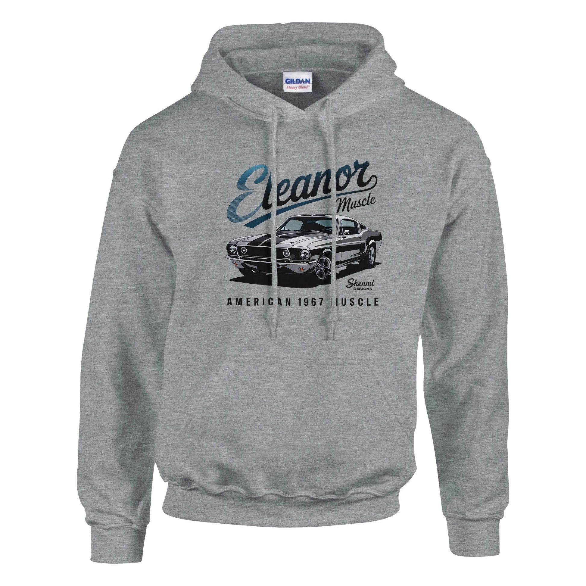 Gray Eleanor Hoodie with vintage American 1967 muscle car graphic for men and women, comfortable cotton-polyester blend with front pouch pocket and adjustable hood.