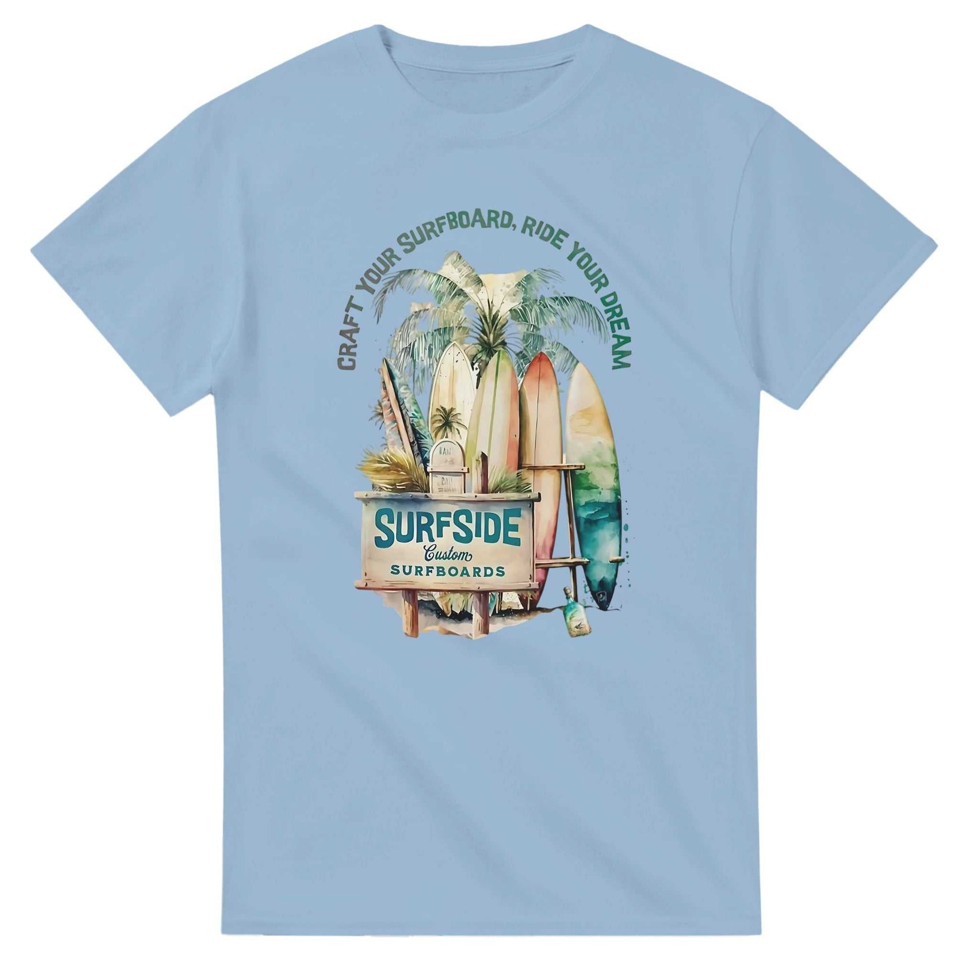 Sommer Surfside T-Shirt in light blue with surfboard graphic and relaxed heavyweight cotton fit