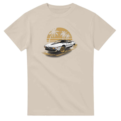 Premium unisex summer car t-shirt with vintage car and palm tree design on beige heavyweight cotton fabric