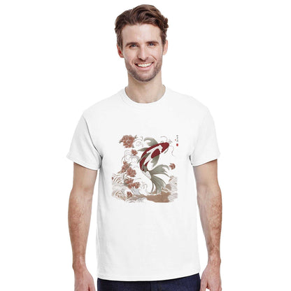 Unisex white heavyweight cotton t-shirt with Koi Asian style print, classic fit, seamless double-needle collar and durable hems