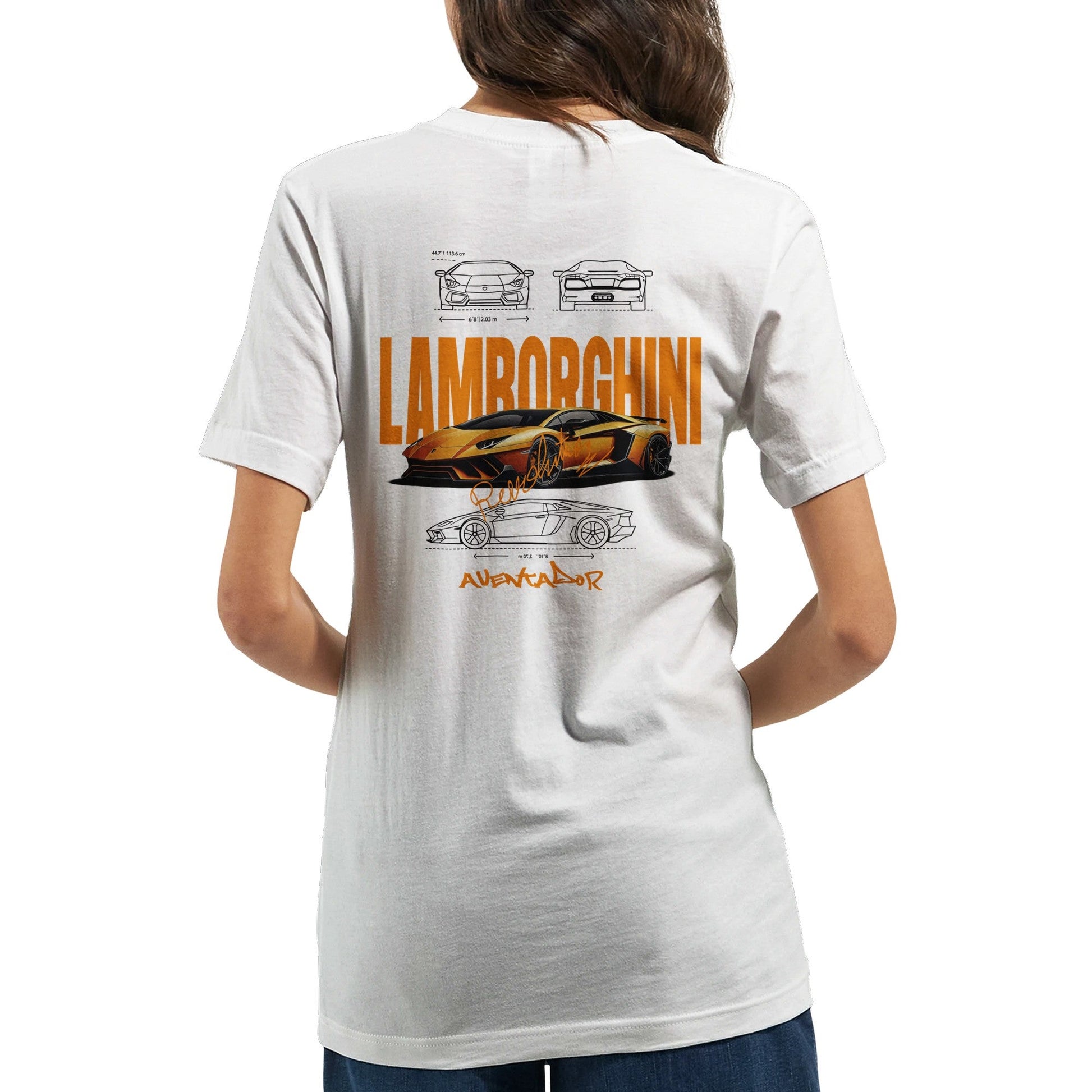 Lamborghini Design T-Shirt in Weiß mit orangem Aventador Motiv, Unisex, hochwertige Baumwolle, stylisches Auto-Design, perfekt für Auto-Fans