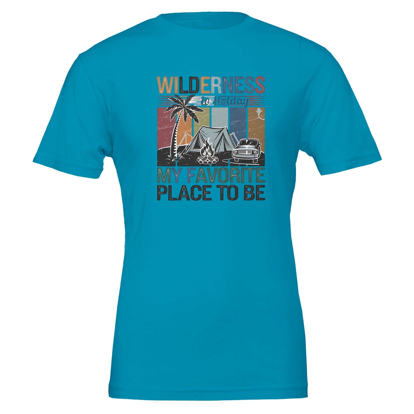 blaues premium wilderness t-shirt mit vintage-camping-motiv, unisex passform und weichem baumwollstoff, ideal für naturverbundene outdoor-fans.