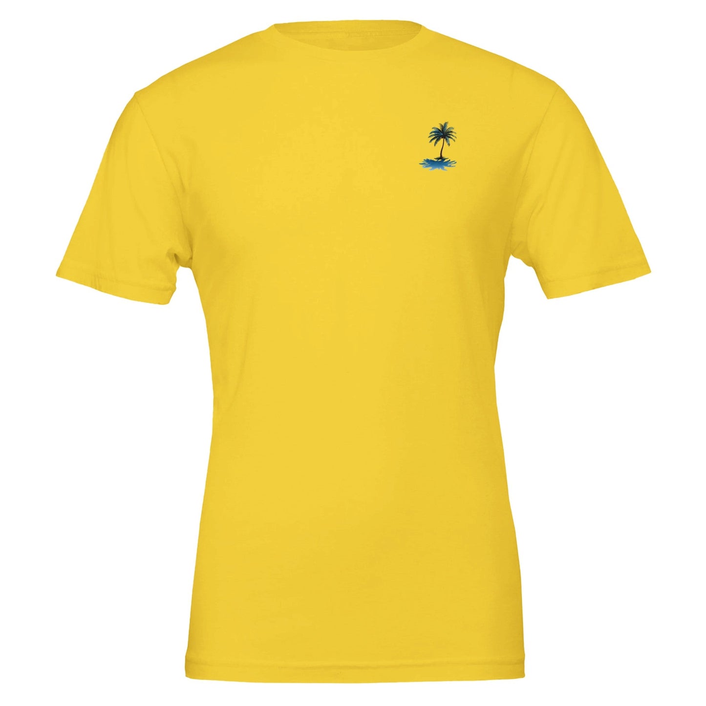 gelbes sommer t-shirt aus weicher baumwolle mit kleinem blauen palmenprint, unisex und ideal für strand und beach party.