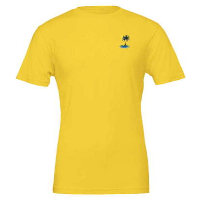 Gelbes Sommer T-Shirt aus weicher Baumwolle mit kleinem blauen Palmenprint, unisex und ideal für Strand und Beach Party.