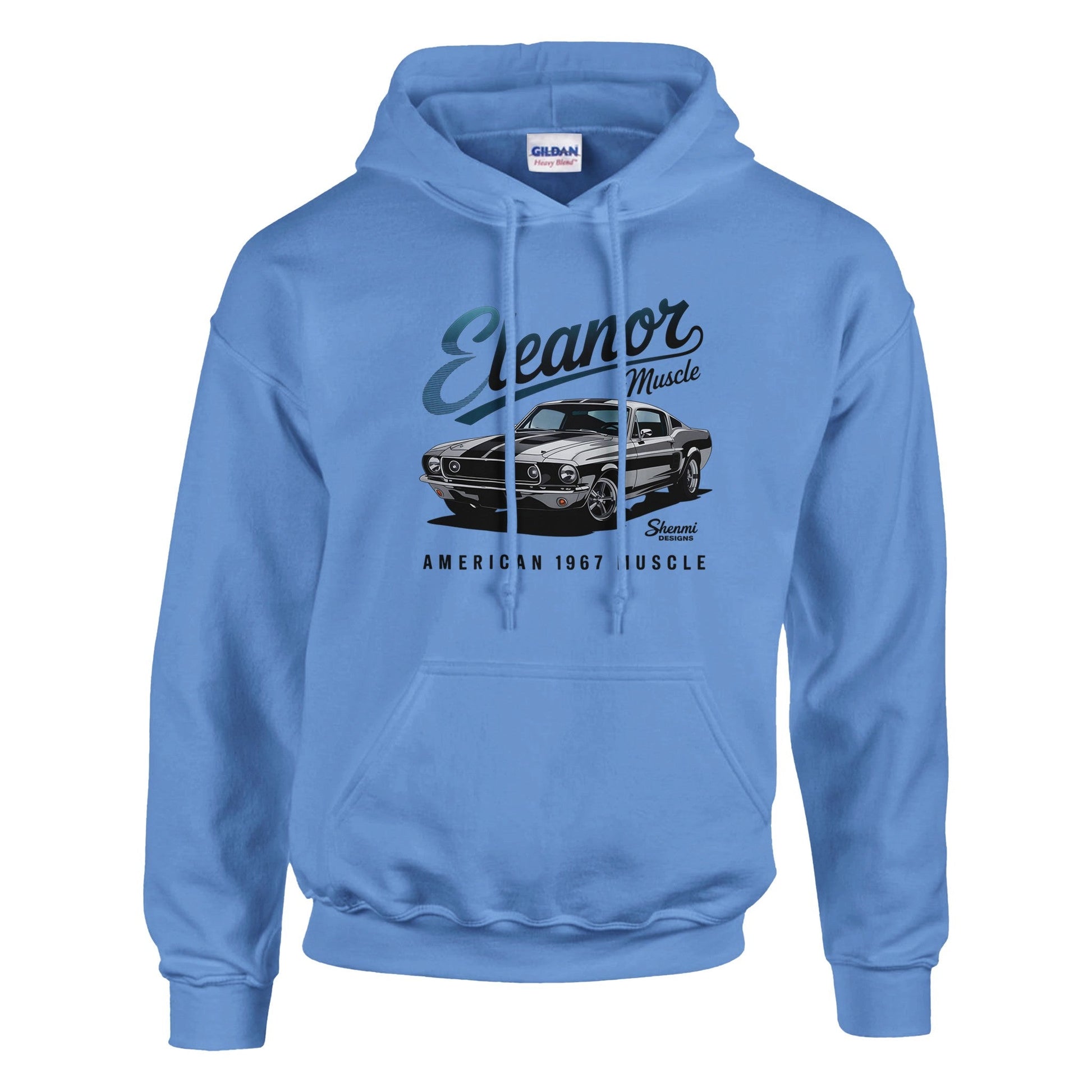 Blue Eleanor Hoodie with muscle car graphic, comfortable blend fabric, unisex design for car enthusiasts