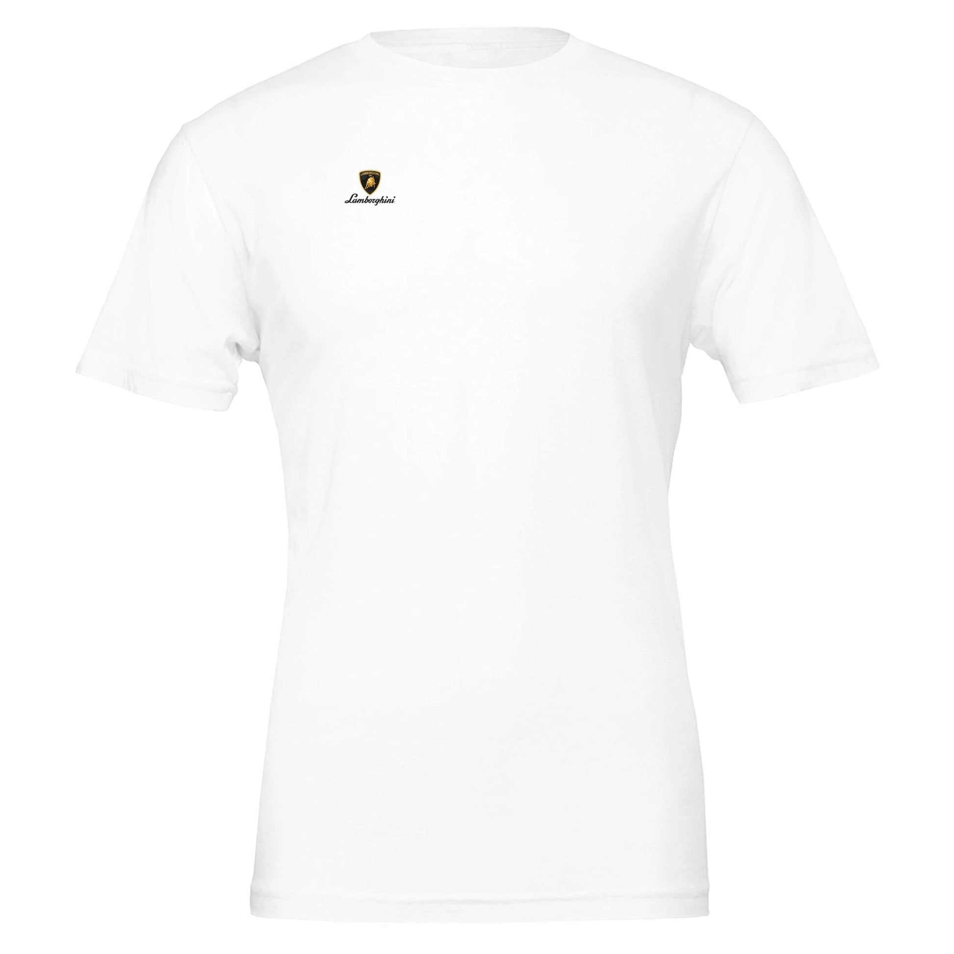 weißes Lamborghini Design T-Shirt für Herren und Damen aus hochwertiger Baumwolle mit kleinem Logo auf der Brust, unisex Schnitt, bequem und stylisch