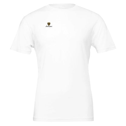 weißes Lamborghini Design T-Shirt für Herren und Damen aus hochwertiger Baumwolle mit kleinem Logo auf der Brust, unisex Schnitt, bequem und stylisch