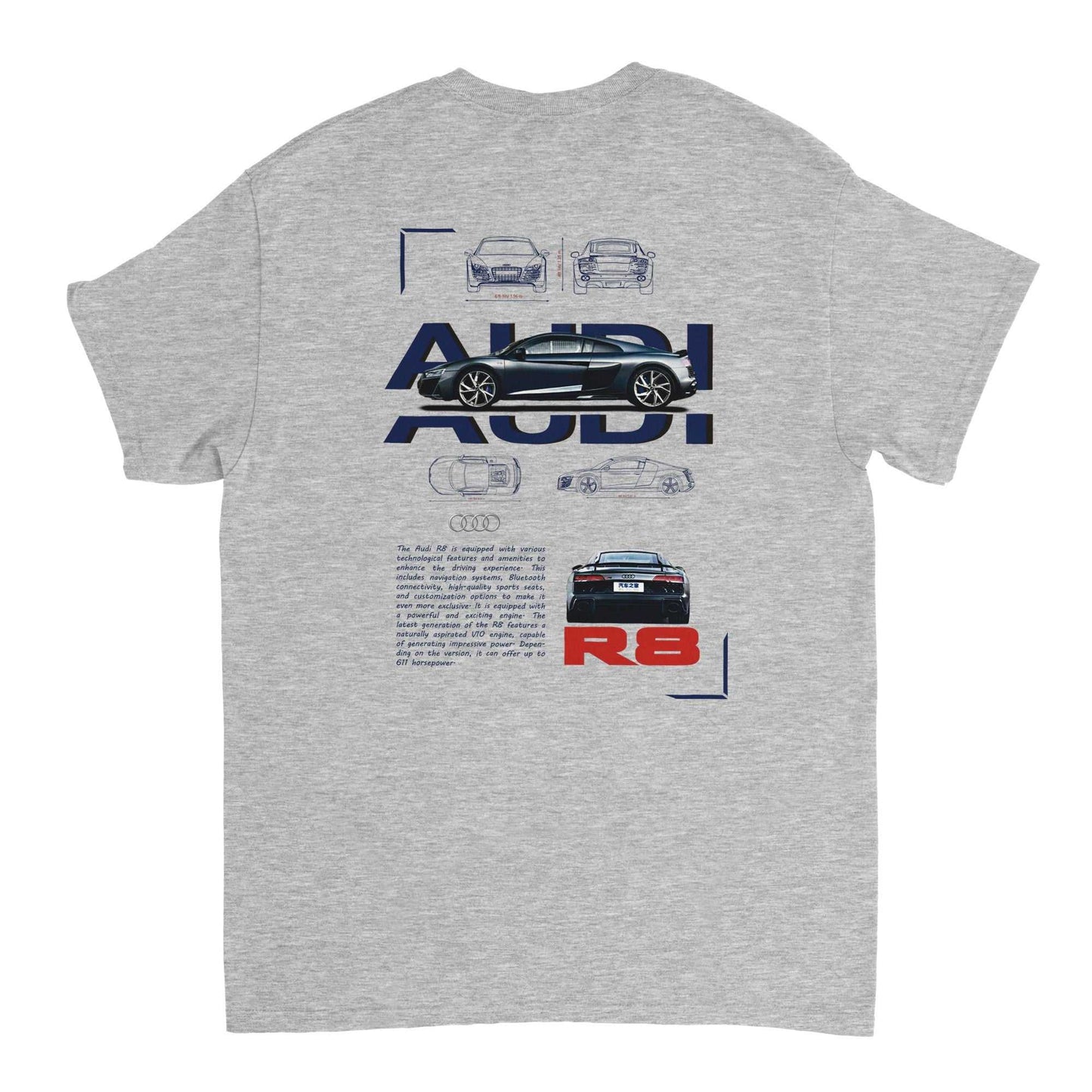 audi liebhaber t-shirt grau mit audi r8 design für männer und frauen, komfortables baumwollshirt, ideales geschenk für audi fans