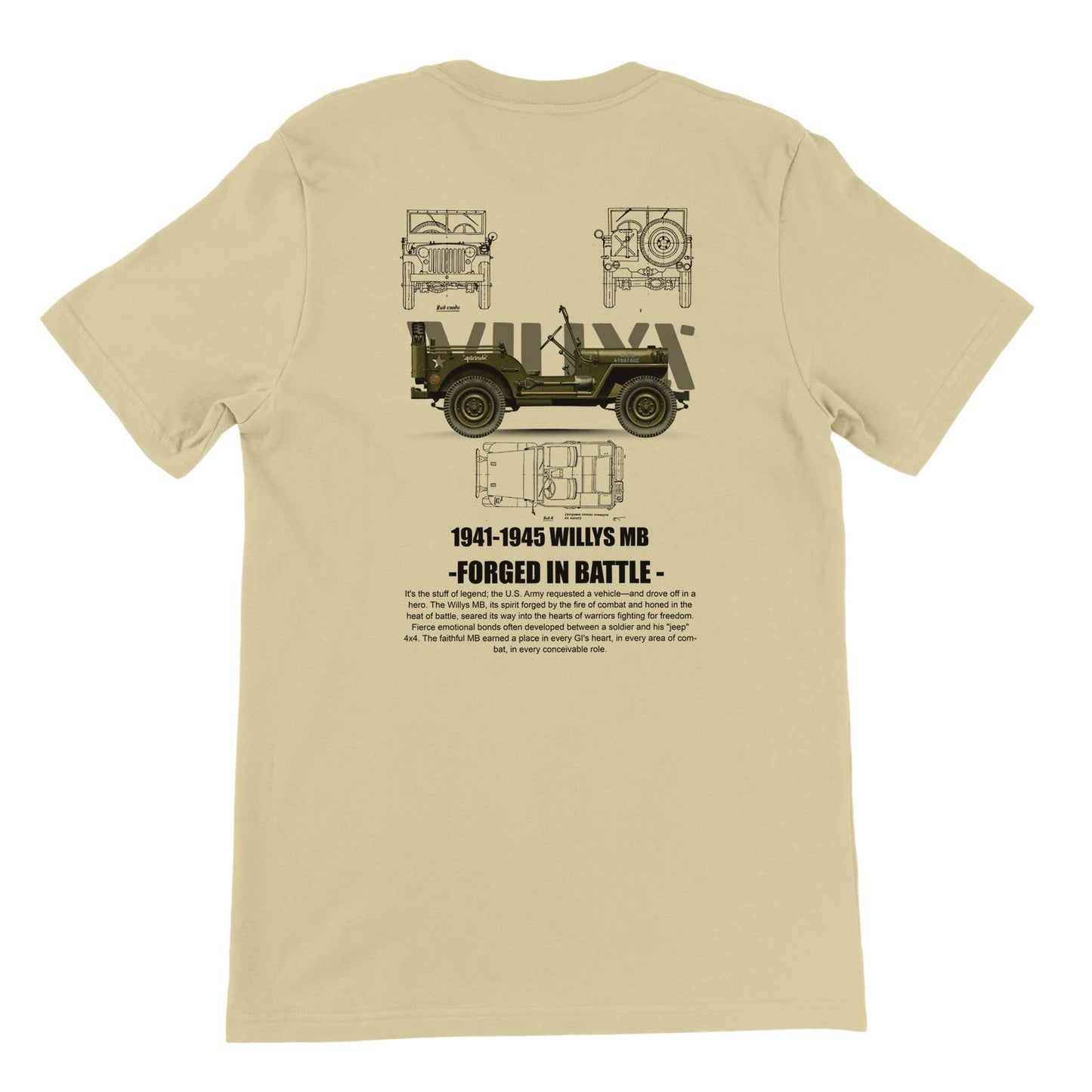 beiges willys jeep t-shirt mit vintage-grafik und offroad-design, ideal für jeep-liebhaber und abenteuerfans.