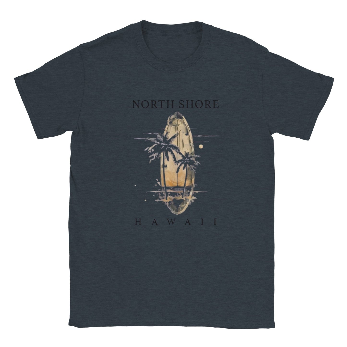 hawaii sommer beach t-shirt mit surfbrettern und palmen motiv in dunklem design, unisex, leichter baumwollstoff für strandtage