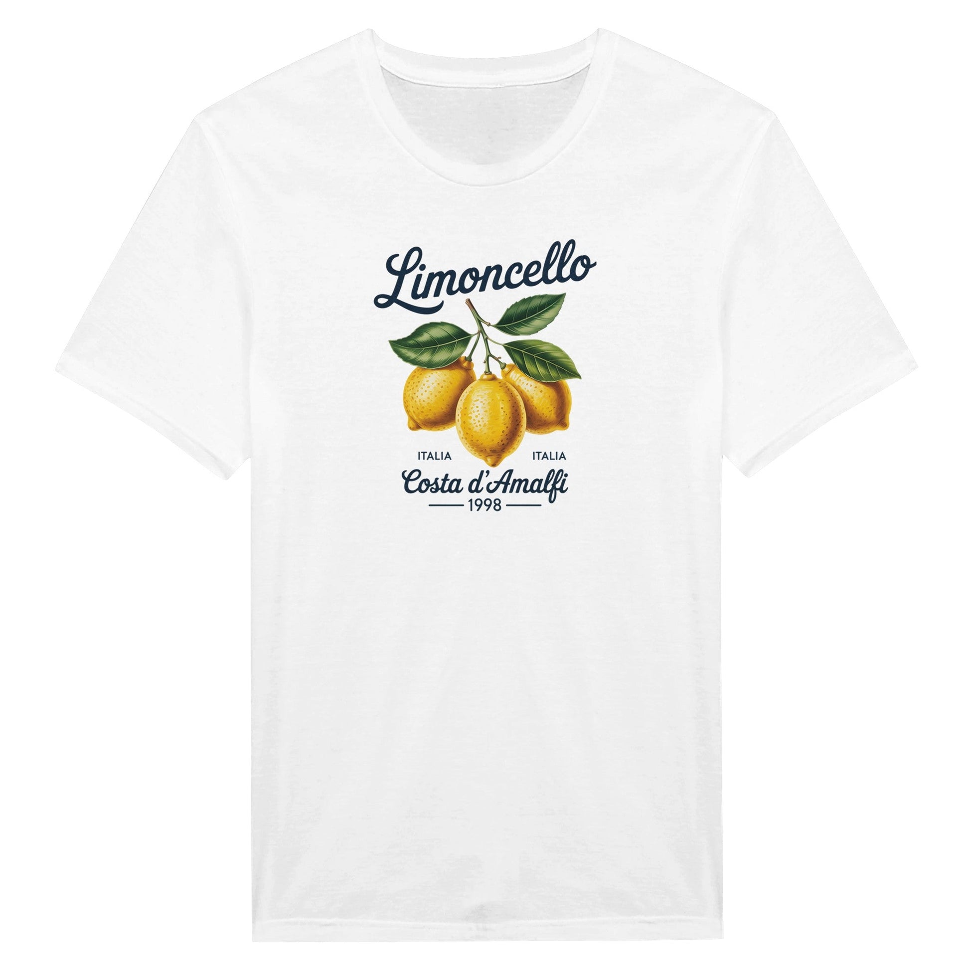 Weißes Limoncello Italien T-Shirt mit Zitronenmotiv, weicher Stoff und nahtloser Rundhalsausschnitt, ideal für den Sommer.