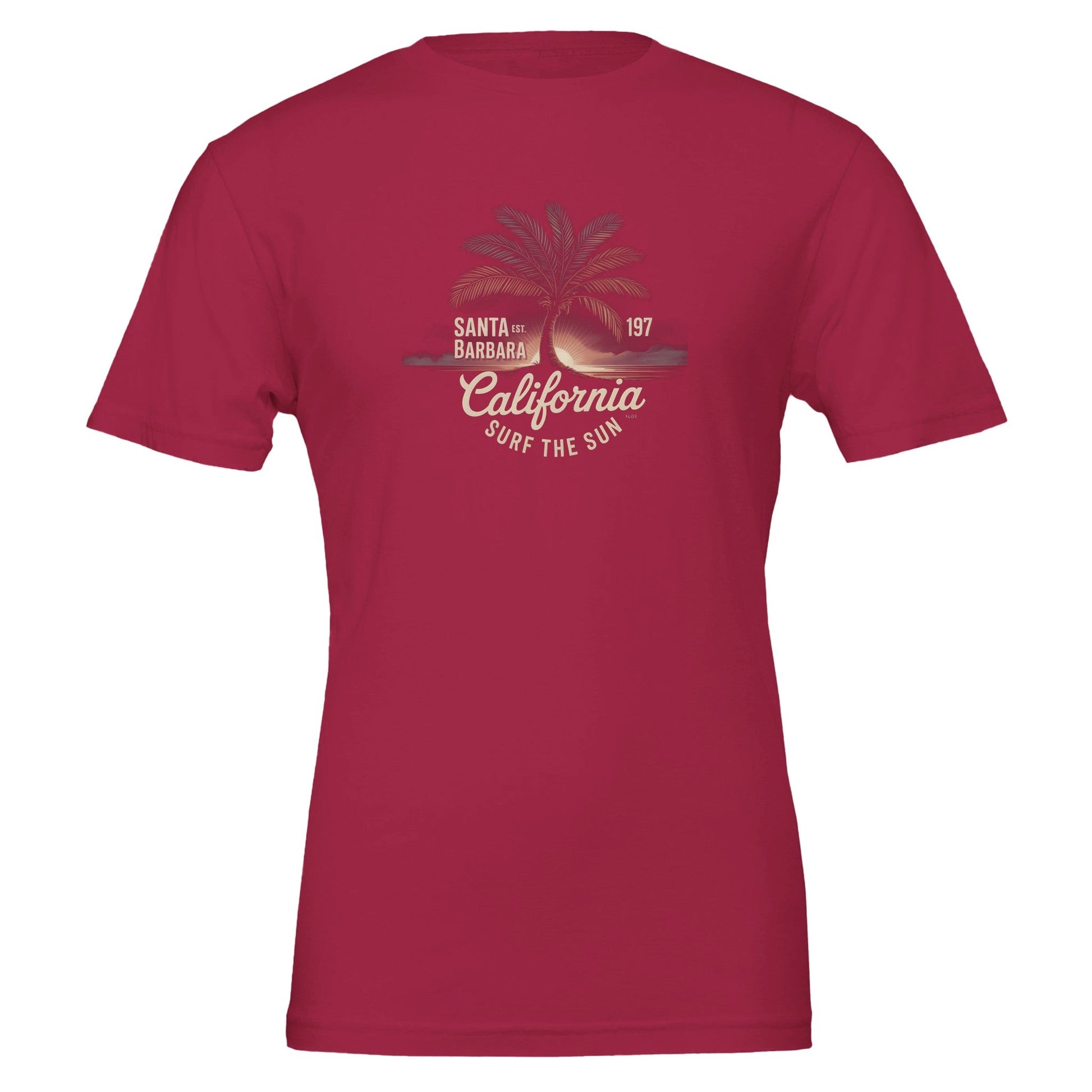 Eco-friendly Surfer T-Shirt Sommer in red with California surf design, made from soft cotton, unisex fit