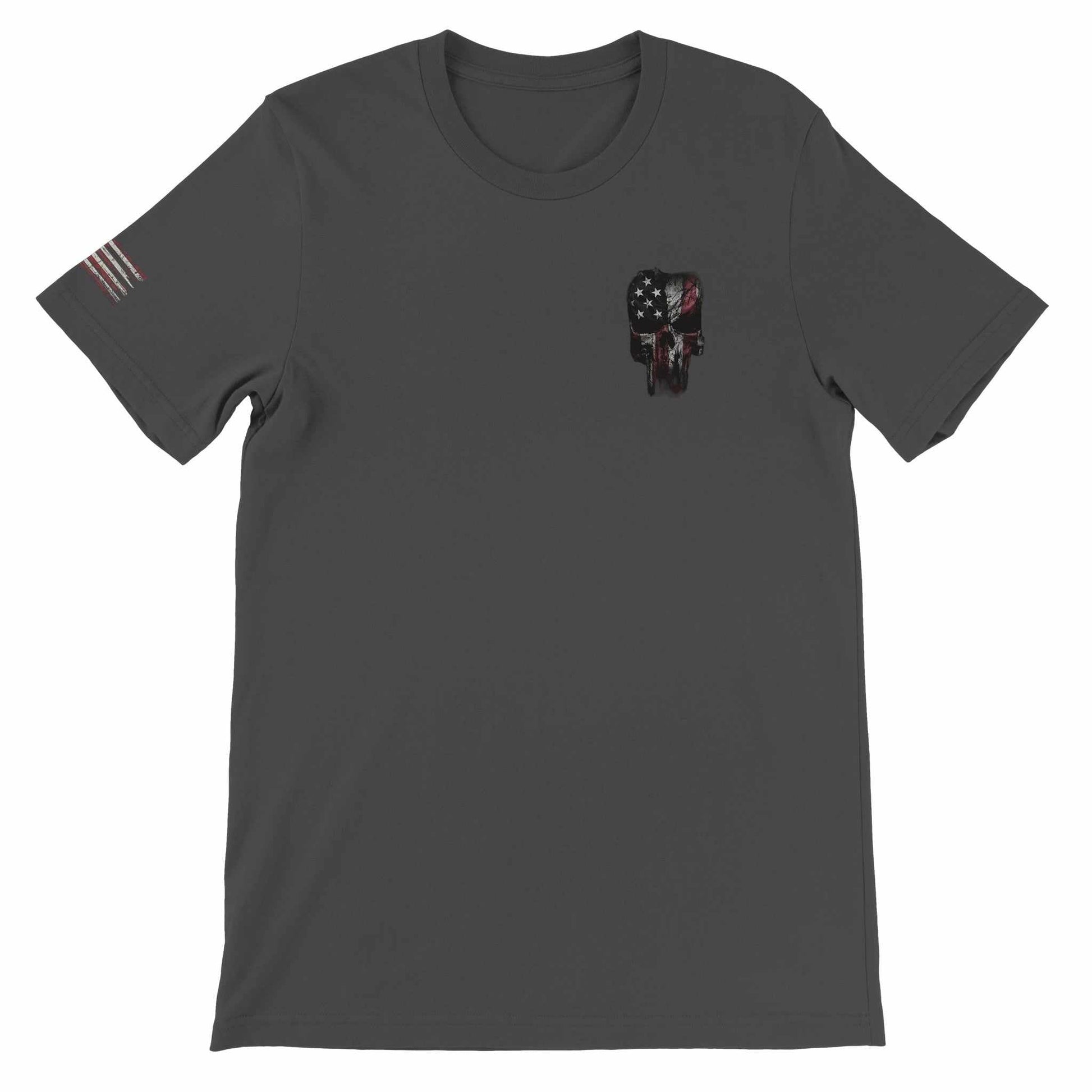 Grunt Style American Feeling Unisex T-Shirt with American flag skull design and flag stripes on sleeve in dark gray color, soft cotton fabric, tailored fit, ideal for DTG printing