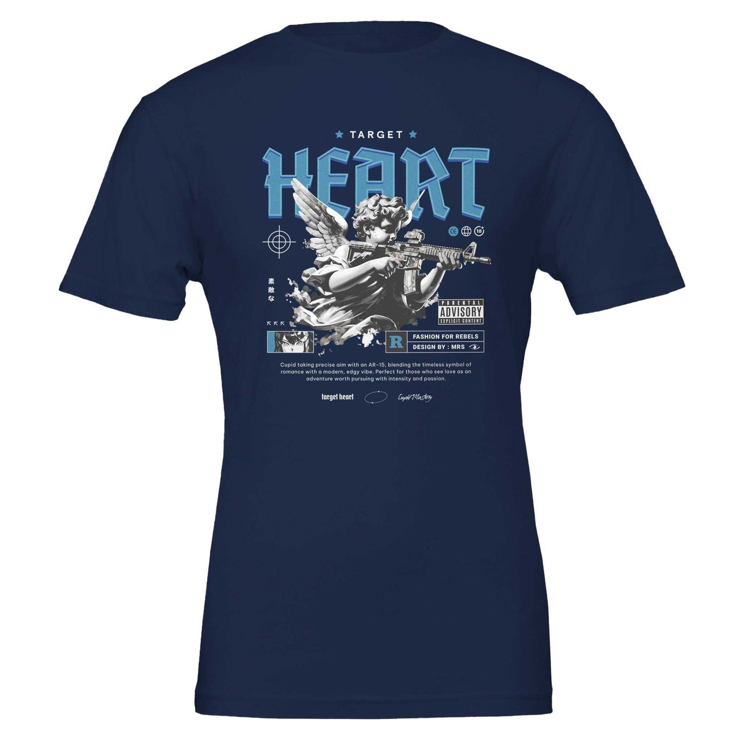 heart unisex crewneck t-shirt in navy with graphic design, made of soft 100% airlume cotton, perfect for dtg printing and unisex fit