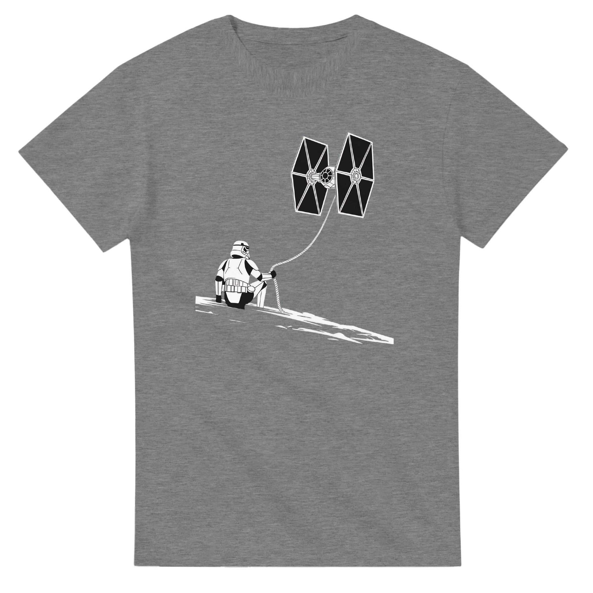 Grey Star Wars fan t-shirt with stormtrooper flying TIE fighter kite design, heavy cotton, classic fit
