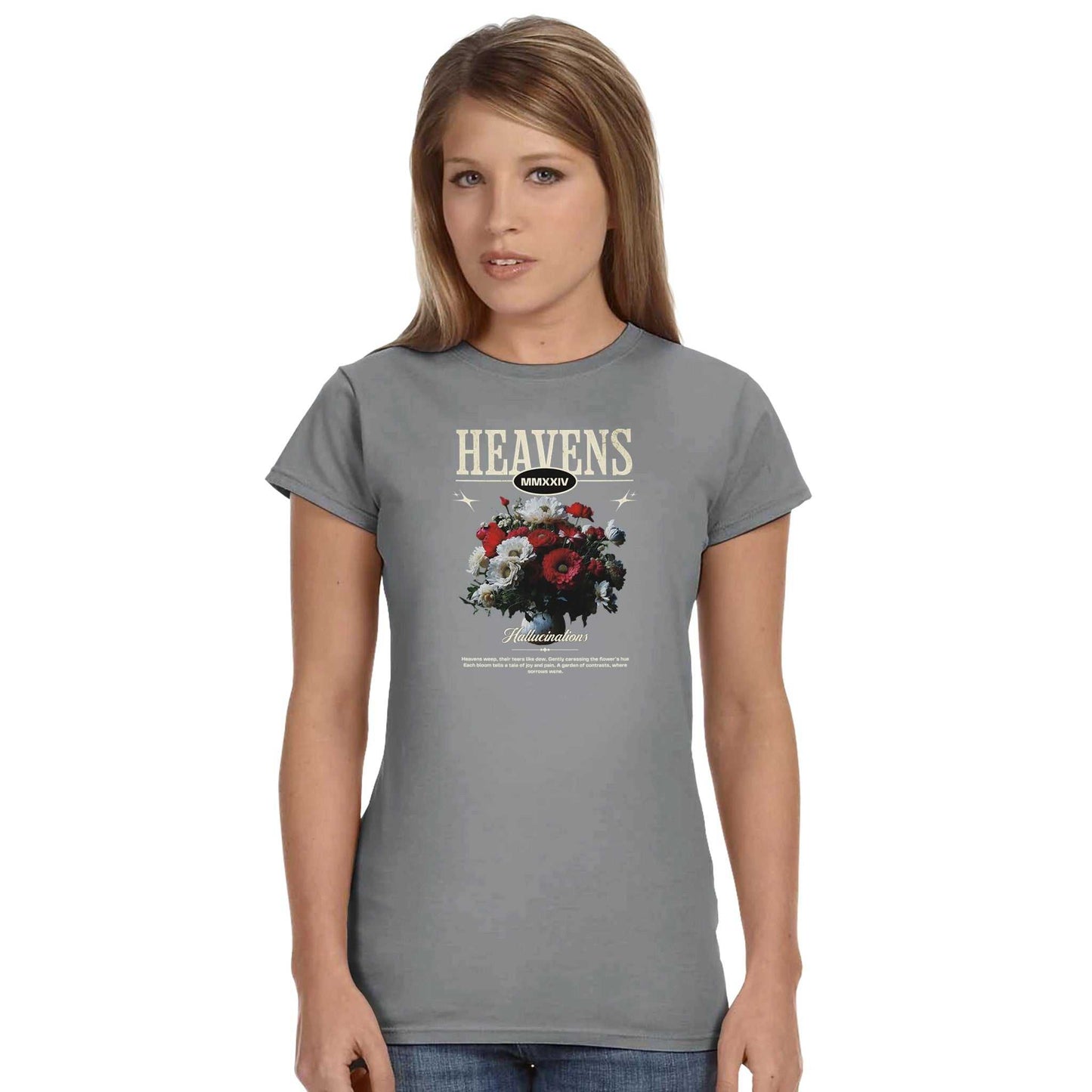gildan® 64000l damen t-shirt in grau mit heavens-aufdruck und blumenmotiv, ringgesponnene baumwolle, bequem und langlebig.