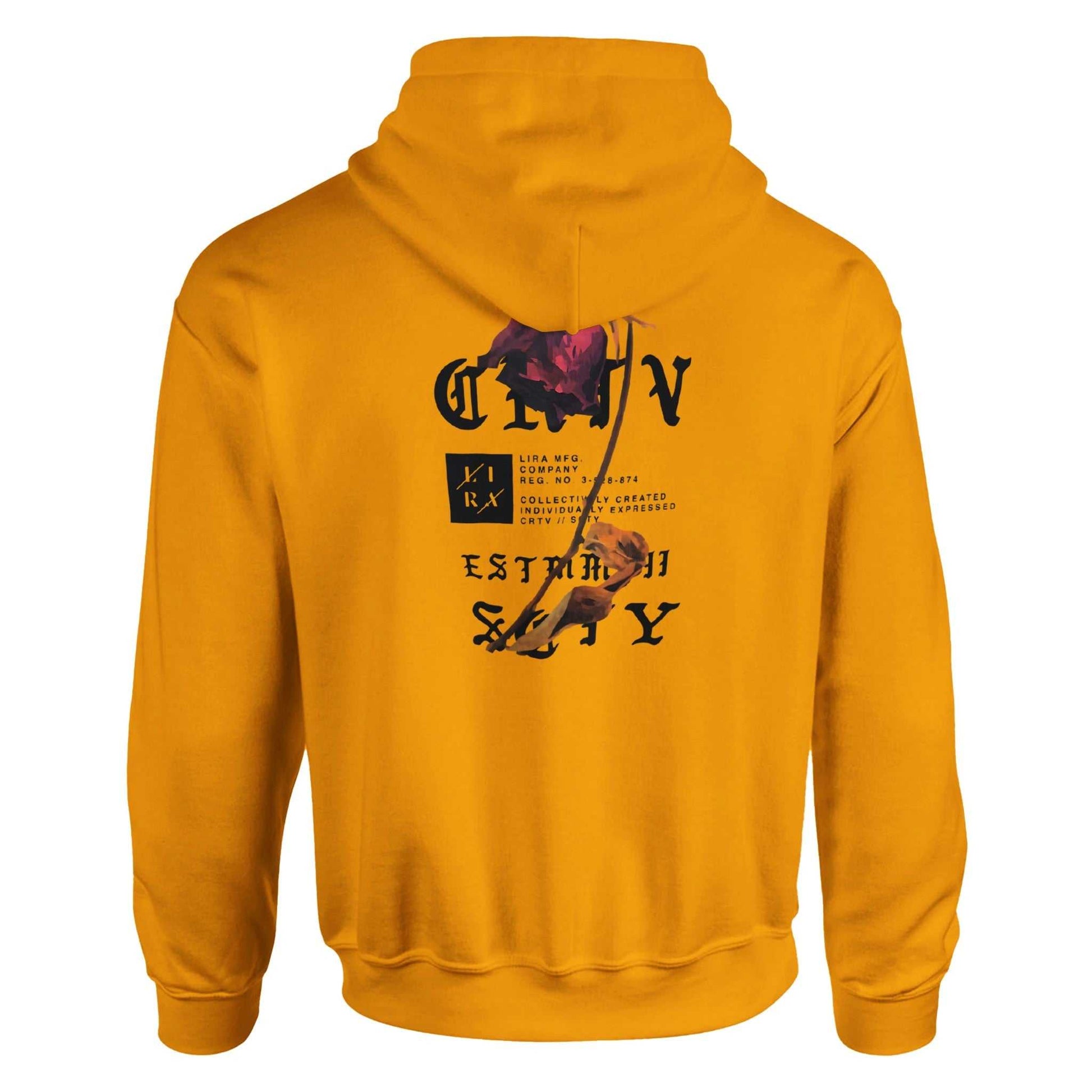 Mustard yellow Lira Streetwear Hoodie with black graphic print on the back, unisex comfortable cotton-polyester blend design.