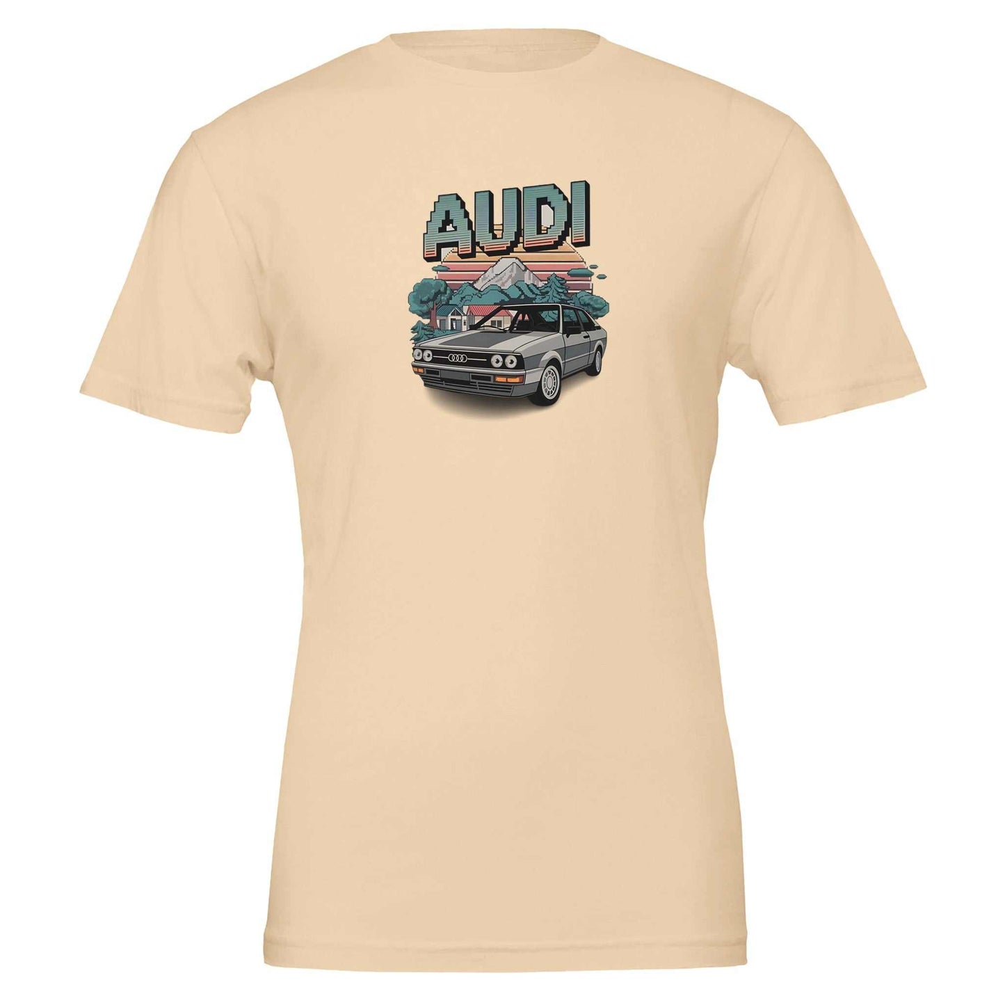 beige oldschool t-shirt with vintage audi car and pixel art design, soft cotton, unisex fit, ideal for minecraft fans and car enthusiasts.