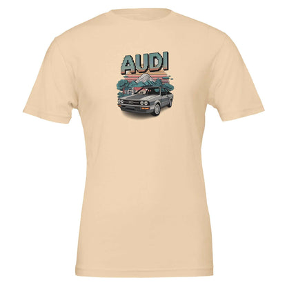 Beige oldschool T-shirt with vintage Audi car and pixel art design, soft cotton, unisex fit, ideal for Minecraft fans and car enthusiasts.
