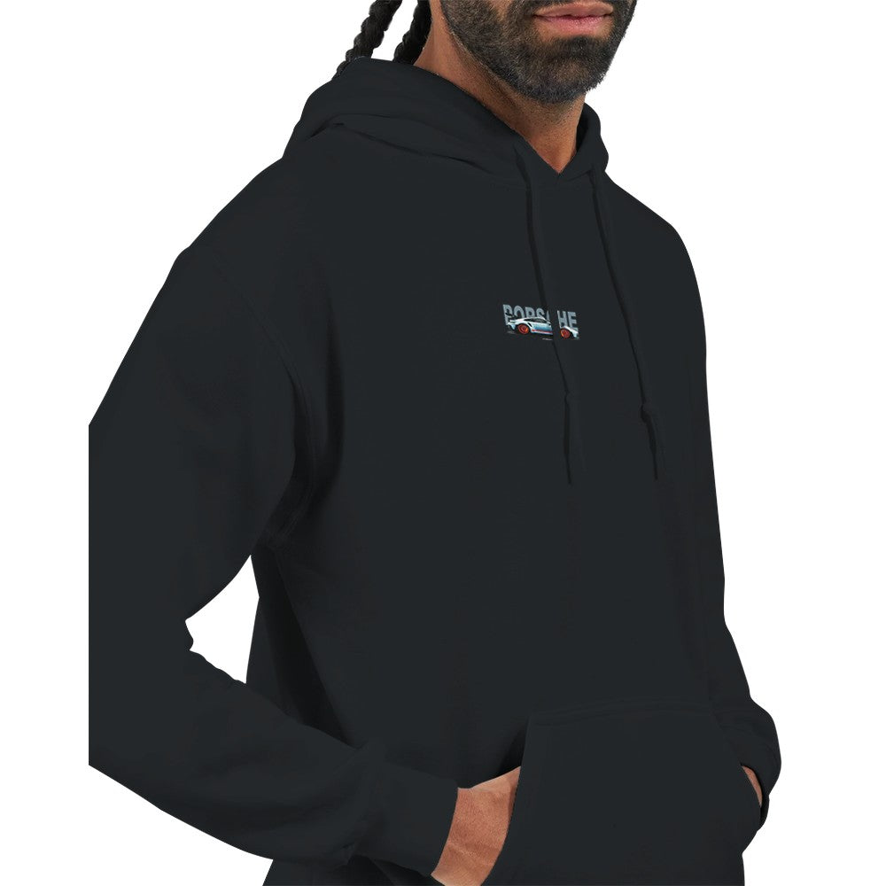 porsche hoodie aus schwerem baumwollmischgewebe mit kapuze, kordelzug und beuteltasche, komfortabel und strapazierfähig.