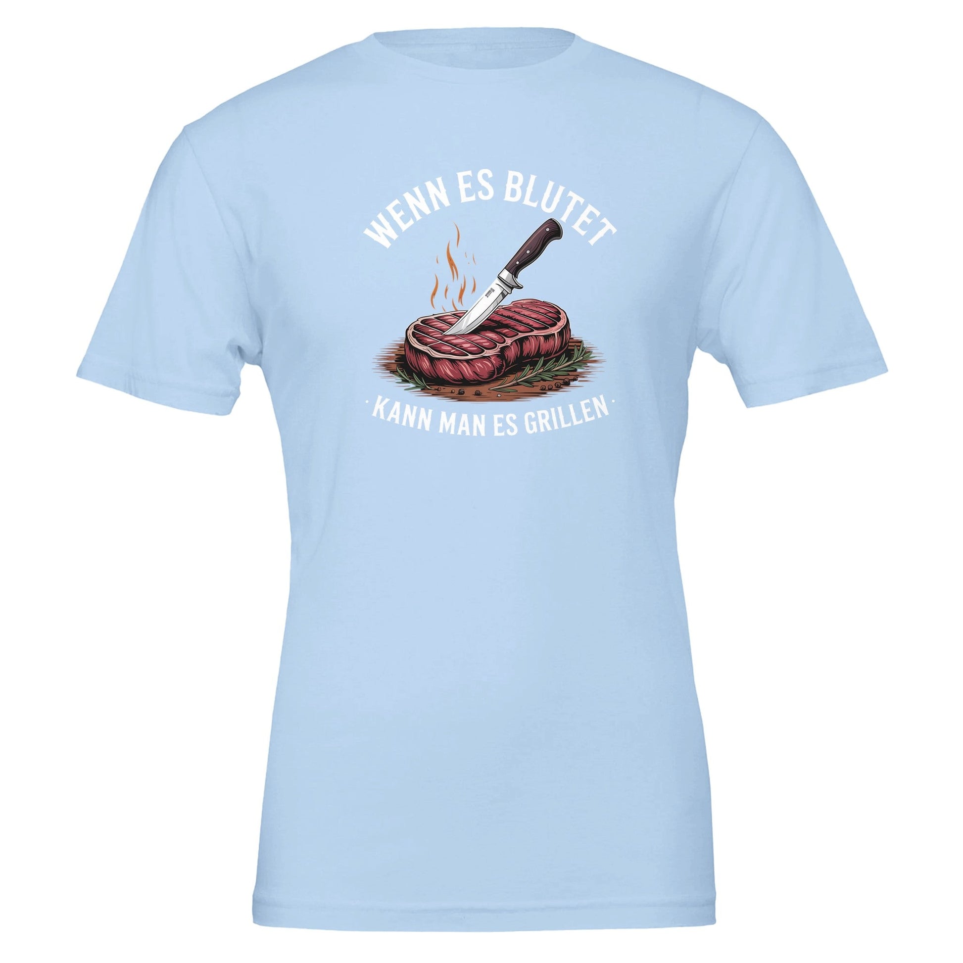 Blaues Grill T-Shirt mit Steak- und Messer-Design und Aufschrift "Wenn es blutet kann man es grillen" für Gartenpartys und Grillabende, weich, robust und umweltfreundlich.